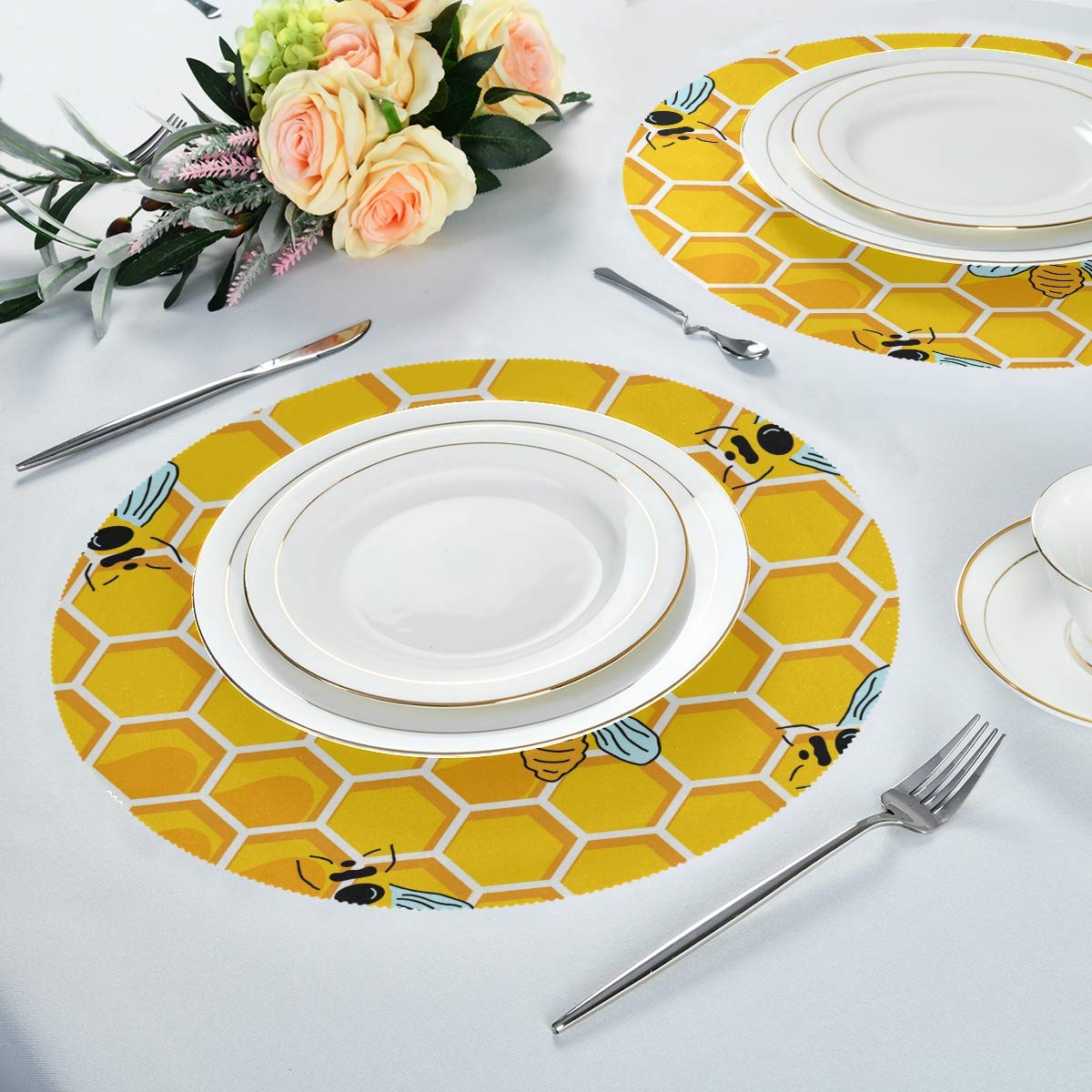 ALAZA 15 Inch Round Kitchen Table Mats Set of 6 - Honeycomb Design Washable Placemats for Dining Table, Restaurant & Home Decor | Perfect for Everyday Meals, Dinner Parties & Kitchen Protection
