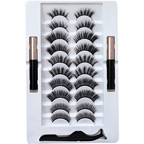 10 Pairs Magnetic Eyelashes with Eyeliner & Tweezers Set - Long Lasting Waterproof False Lashes for Dramatic Eye Makeup | Perfect for Weddings, Parties & Daily Wear