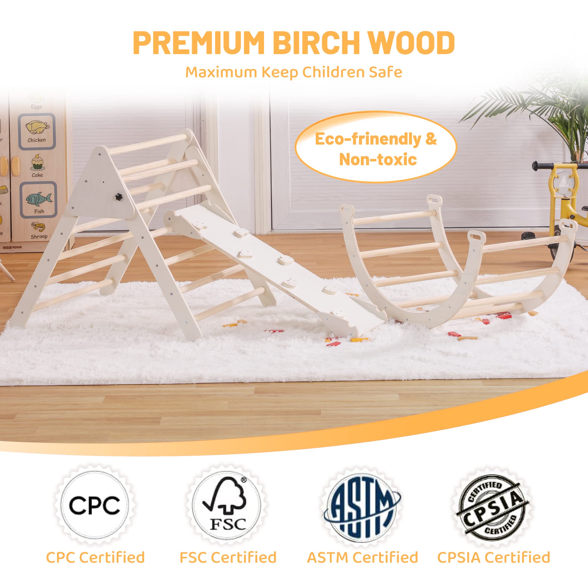 Foldable 5-in-1 Pikler Triangle Set with Arch, Ramp & Climbing Triangle - Montessori Wooden Climbing Toy for Toddlers Ages 2-6 - Indoor Play Gym for Kids - Natural Wood - Perfect for Home Playrooms, Daycares & Montessori Classrooms