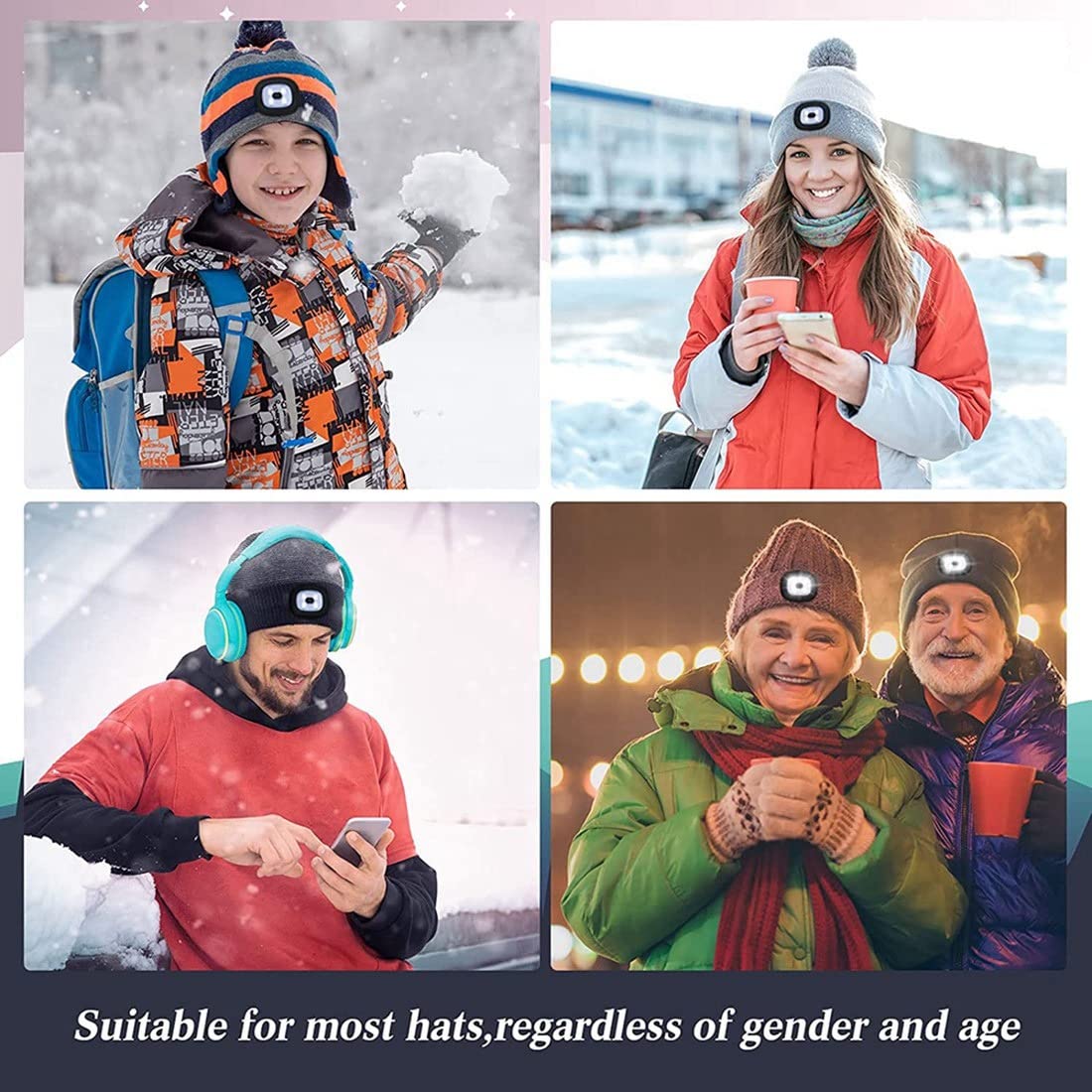 USB Rechargeable LED Knit Beanie Light - 4 Pack with 3 Brightness Modes (Strong/Medium/Weak) for Outdoor Activities, Camping, Hiking & Night Running