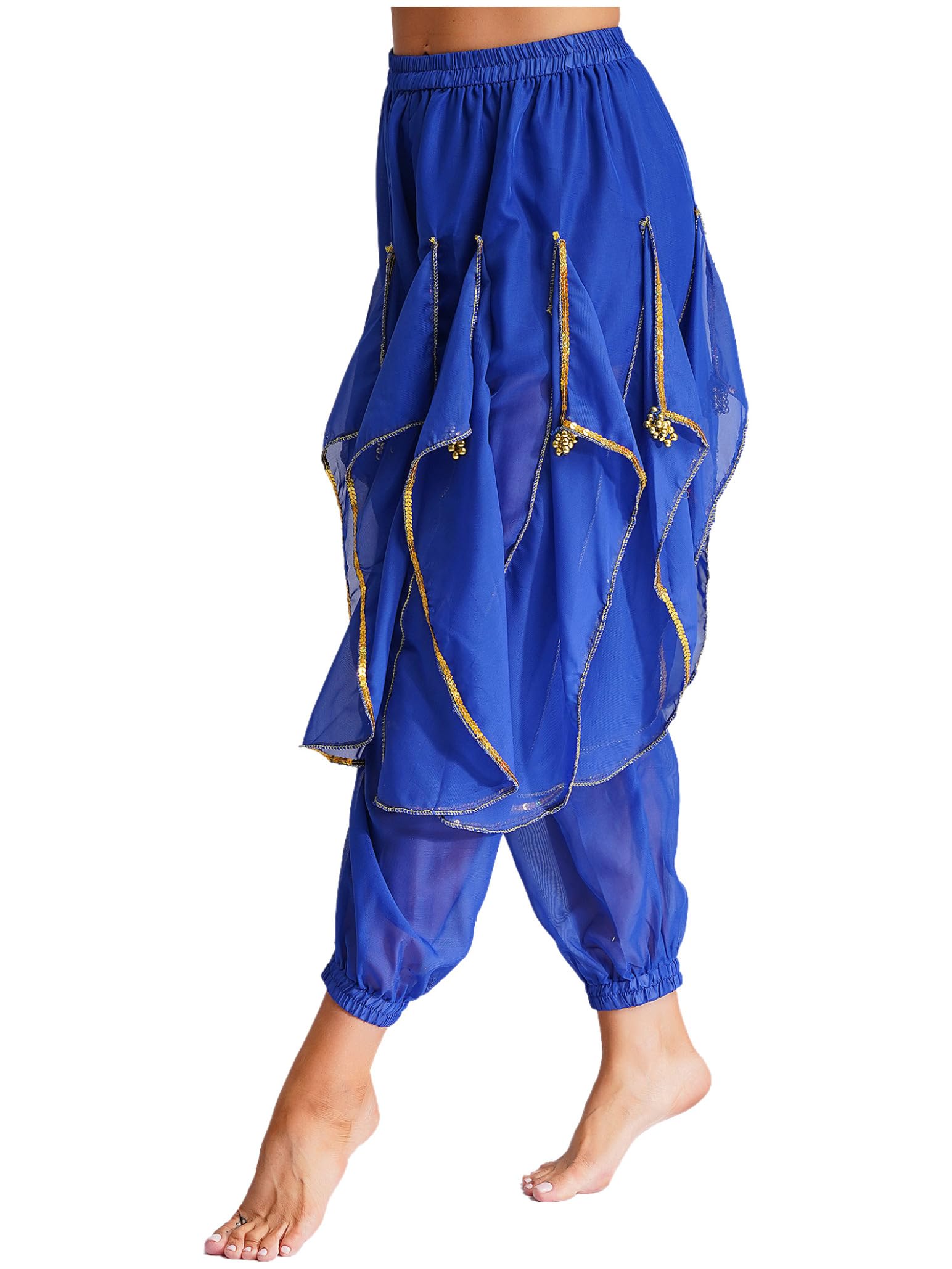 Women's Belly Dance Costume - Ruffle Harem Pants with Gold Trim for Tribal Arabic Dance & Halloween | Comfortable & Stylish for Performances, Parties & Festivals