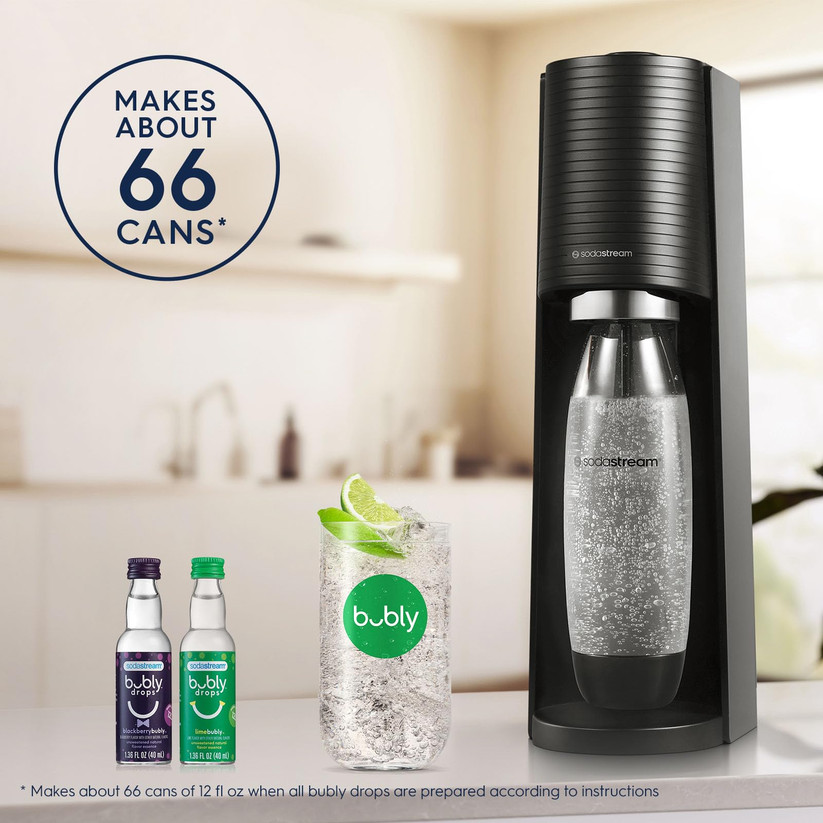SodaStream Terra Sparkling Water Maker Kit - Black | Includes CO2 Cylinder, 2 DWS Bottles & Bubly Flavor Drops | Make Carbonated Drinks at Home for Parties, Office or Healthy Hydration