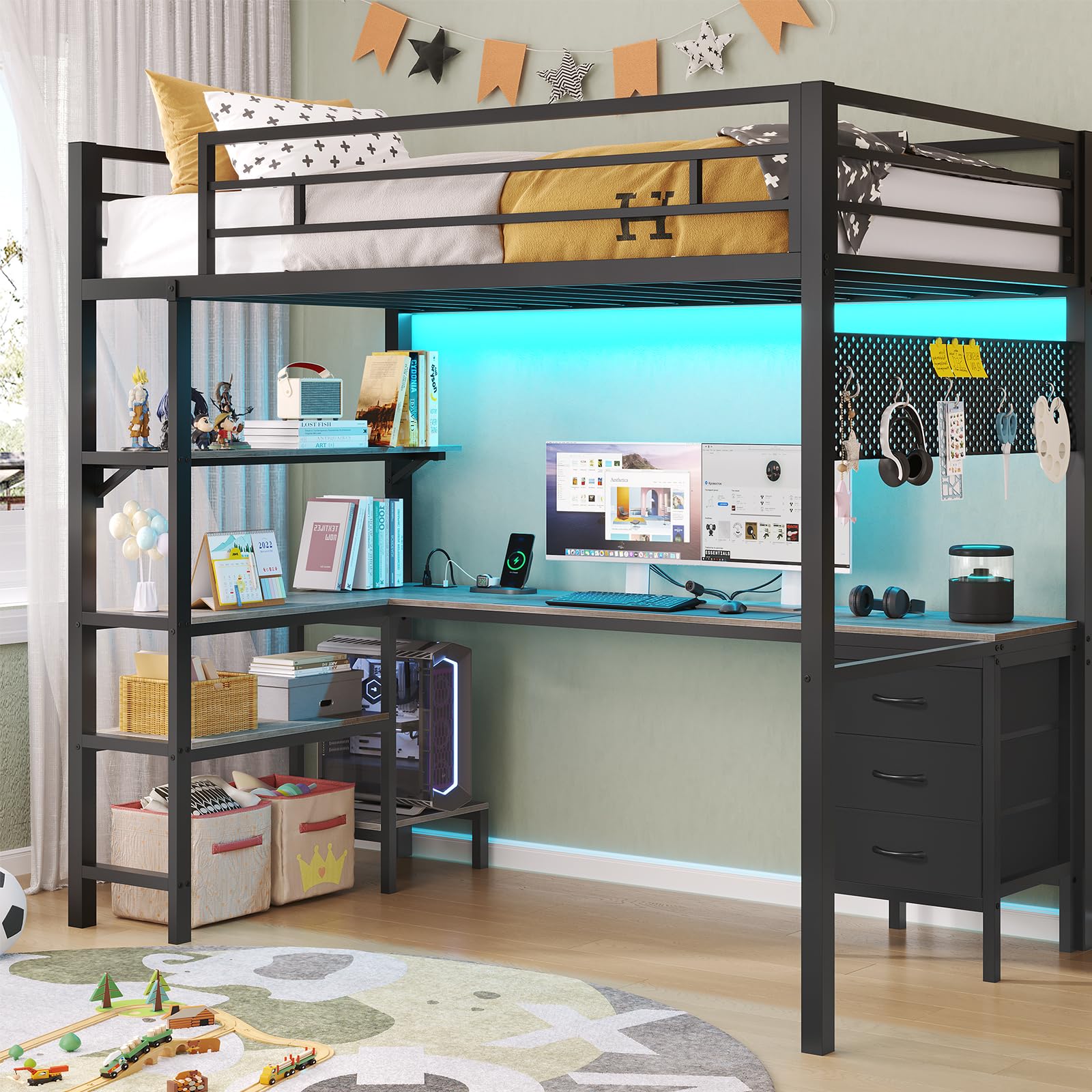 ADORNEVE Twin Size Loft Bed with L-Shaped Desk - Metal Frame with LED Lights, USB Charging Station, Fabric Storage Drawers & Shelves, 13.4