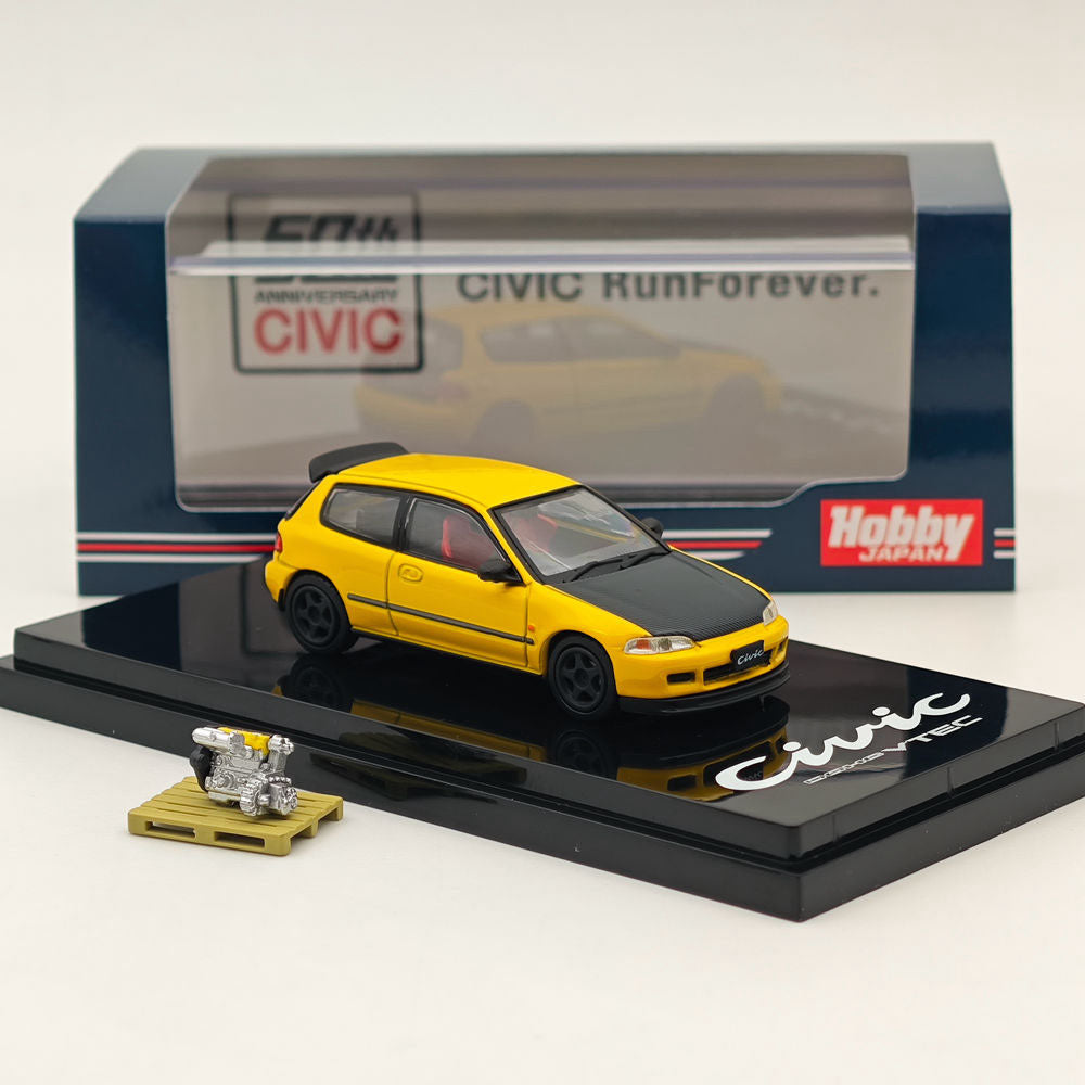 1/64 Honda CIVIC (EG6) JDM Style Custom Diecast Model Car with Engine Display - Yellow HJ642017AY - Collectible Scale Model for Car Enthusiasts | Perfect for Display, Gifts, and Hobby Collections (Ships from USA)
