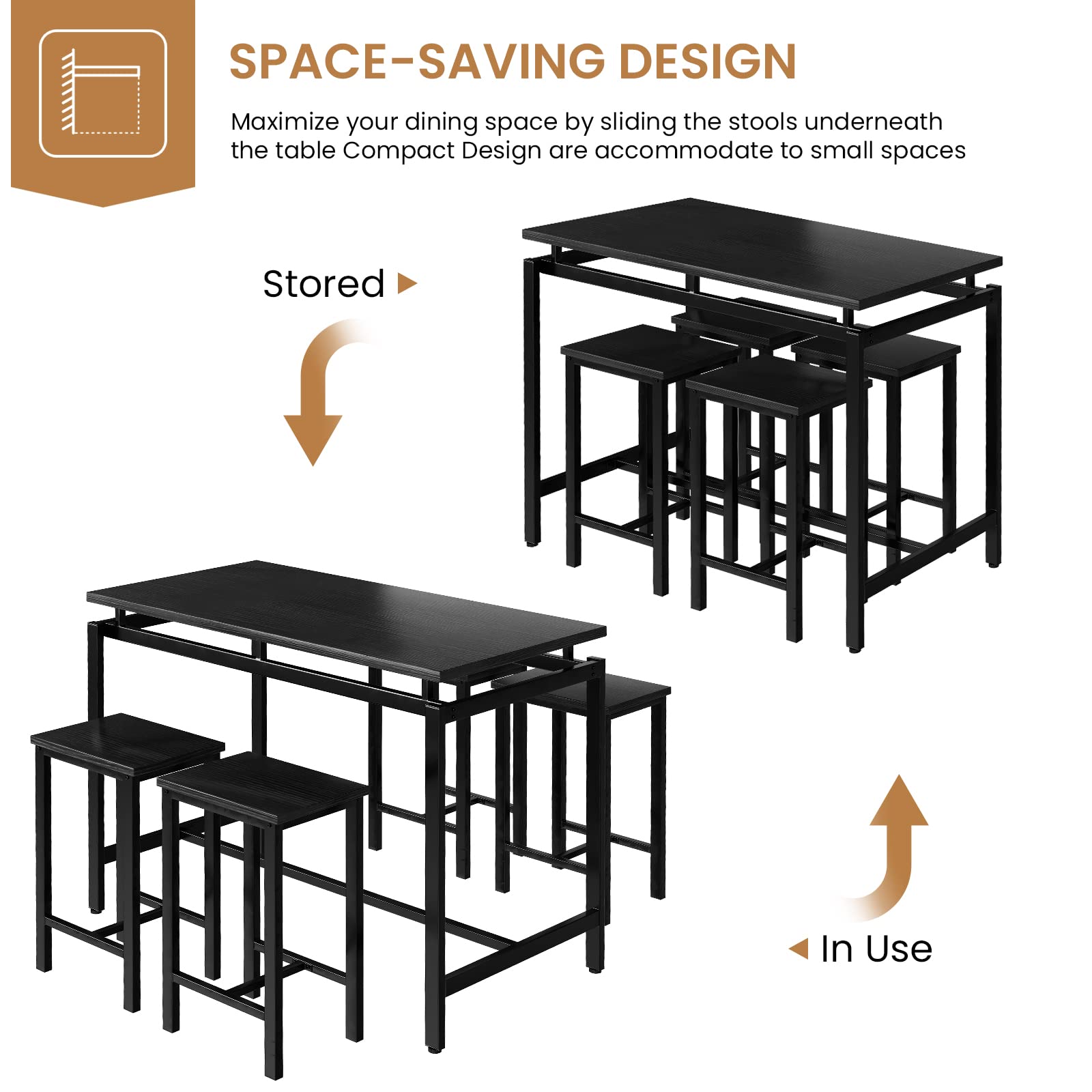 Modern 5-Piece Dining Table Set for 4 with Wooden Top & Adjustable Metal Legs - Compact Kitchen Table and Chairs for Small Spaces - Perfect for Apartments, Breakfast Nooks & Cozy Dining Areas
