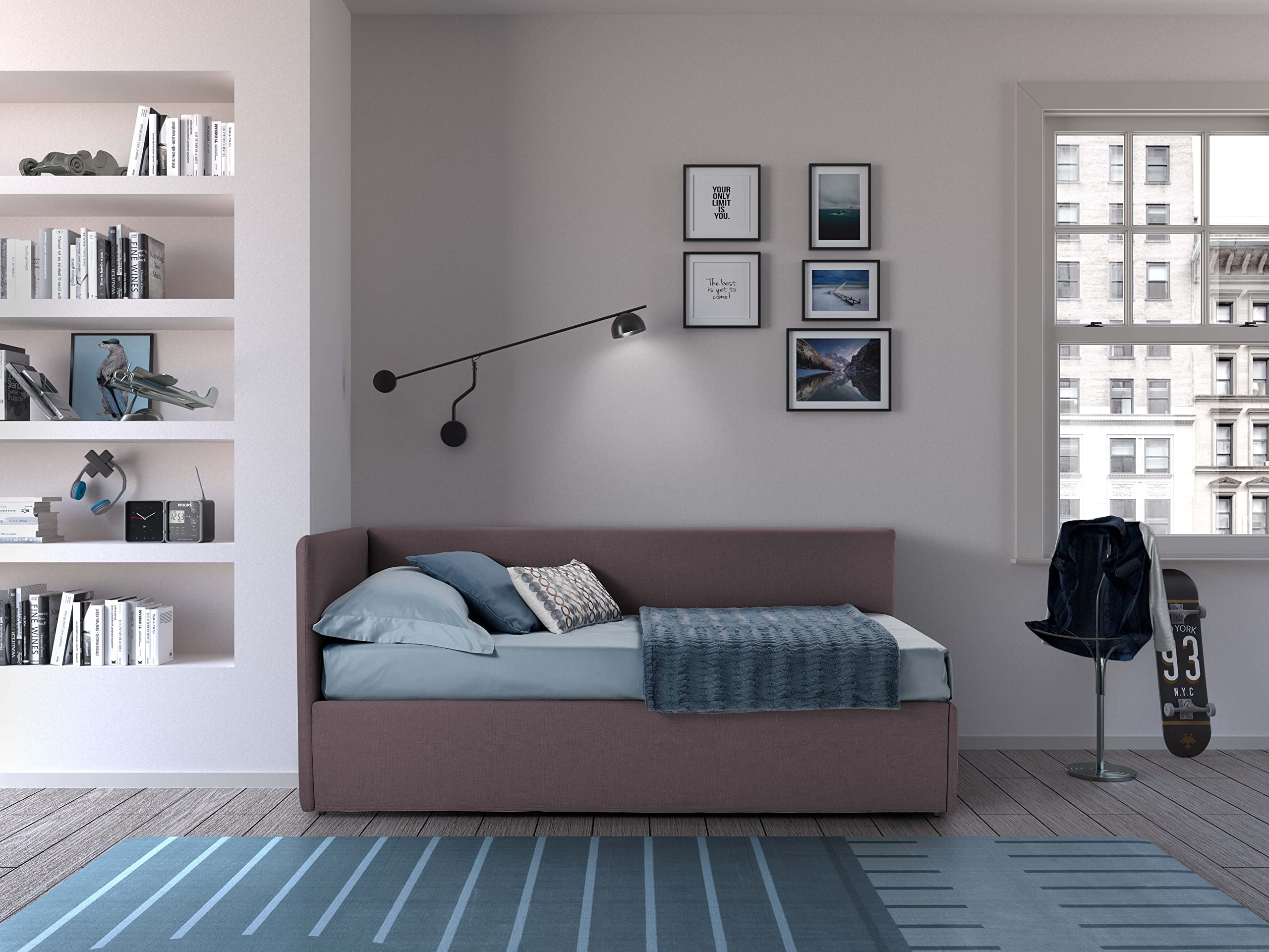 Evergreenweb – Single Bed with Removable Bed Frame – Orthopedic Mattress with Slatted Base & Included Cushions – Brown Quilted Fabric – Right-Sided Headboard – Made in Italy – Duplex – Perfect for Small Spaces, Guest Rooms & Modern Apartments