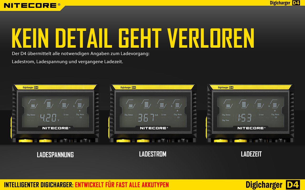 Nitecore Digicharger D4 LCD Display 4 Bay Smart Battery Charger for Li-ion/NiMH - Perfect for Vaping, Flashlights & Camera Gear