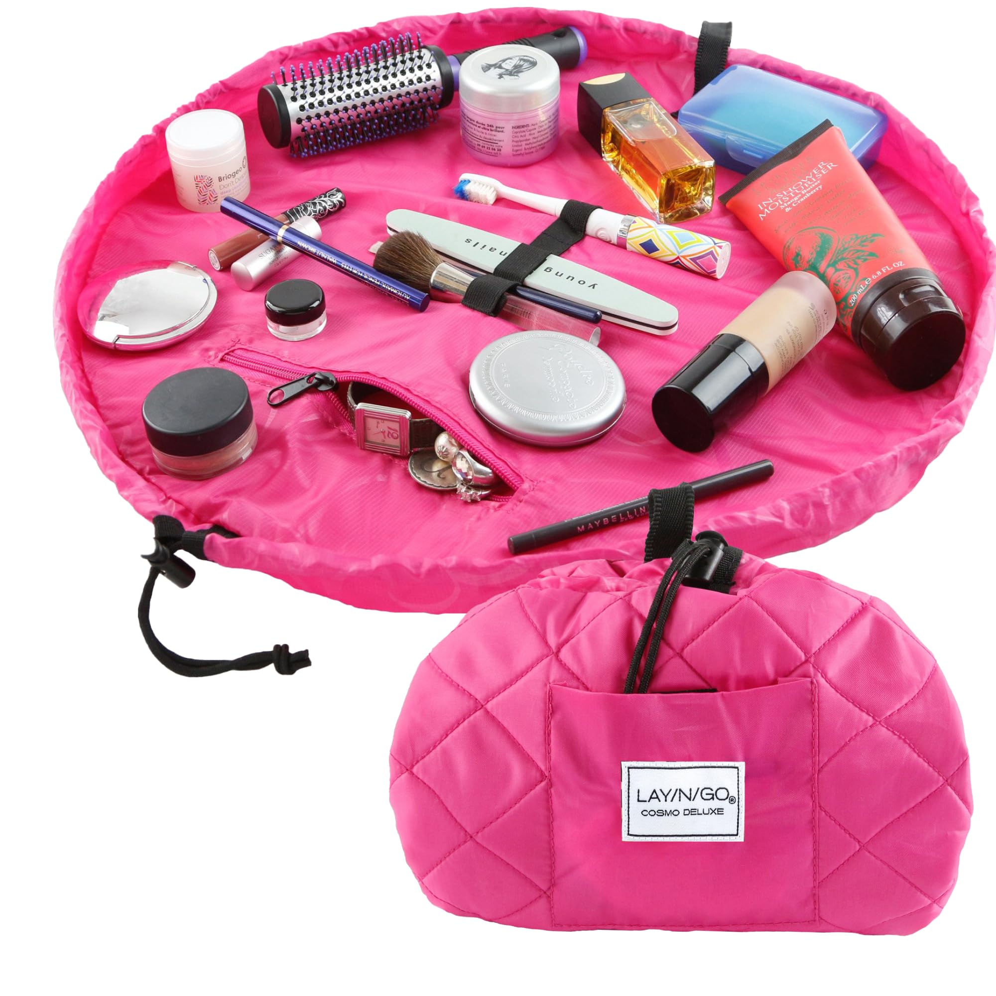 Lay-n-Go Cosmo Drawstring Cosmetic & Makeup Bag Organizer - Portable Travel Makeup Bag with Zipper Pocket & Makeup Loops - Durable Machine Washable Beauty Case (22 Inch, Pink) - Perfect for Travel, Gym, and Daily Organization