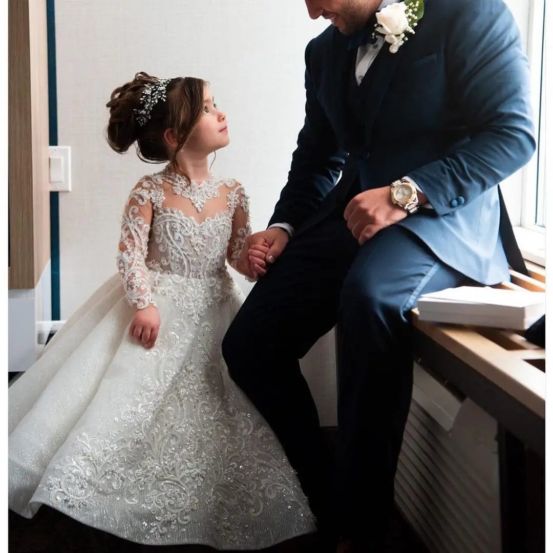 Vintage Flower Girl Dress with Bow - Elegant Ball Gown for Weddings, Parties & Special Occasions