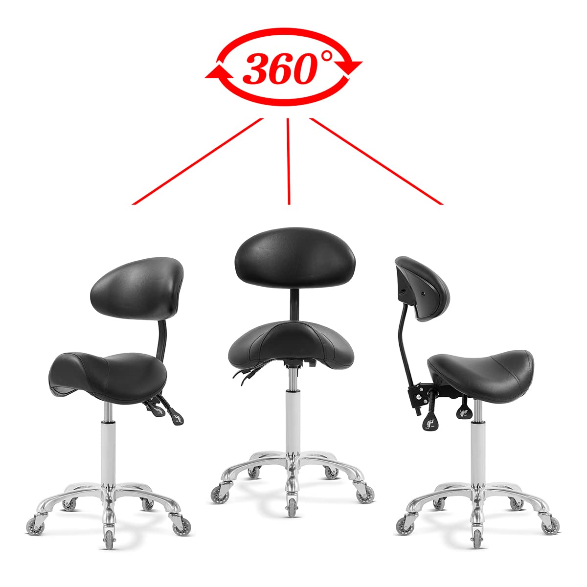 **Ergonomic Rolling Saddle Stool with Back Support - Adjustable Tattoo, Dental & Lash Stool for Estheticians, Massage & Salon Professionals (Black, Backrest Included) - Perfect for Tattoo Studios, Beauty Salons & Medical Clinics**