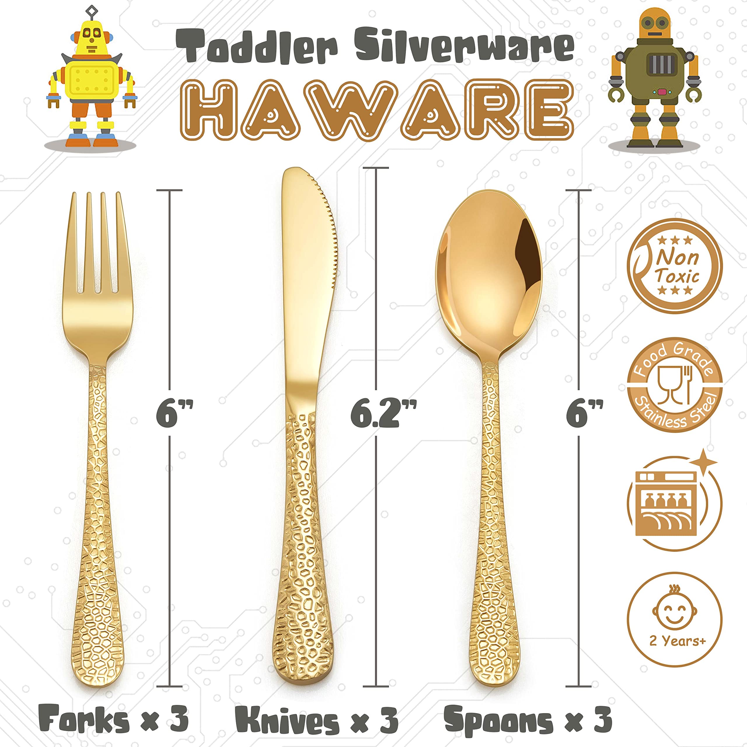 HaWare 9-Piece Stainless Steel Toddler Silverware Set - Hammered Kids Flatware with 3 Spoons, 3 Forks & 3 Knives - Durable Metal Children's Cutlery for Home, School & Travel - Perfect for Preschool Meals, Family Dinners & Picnics