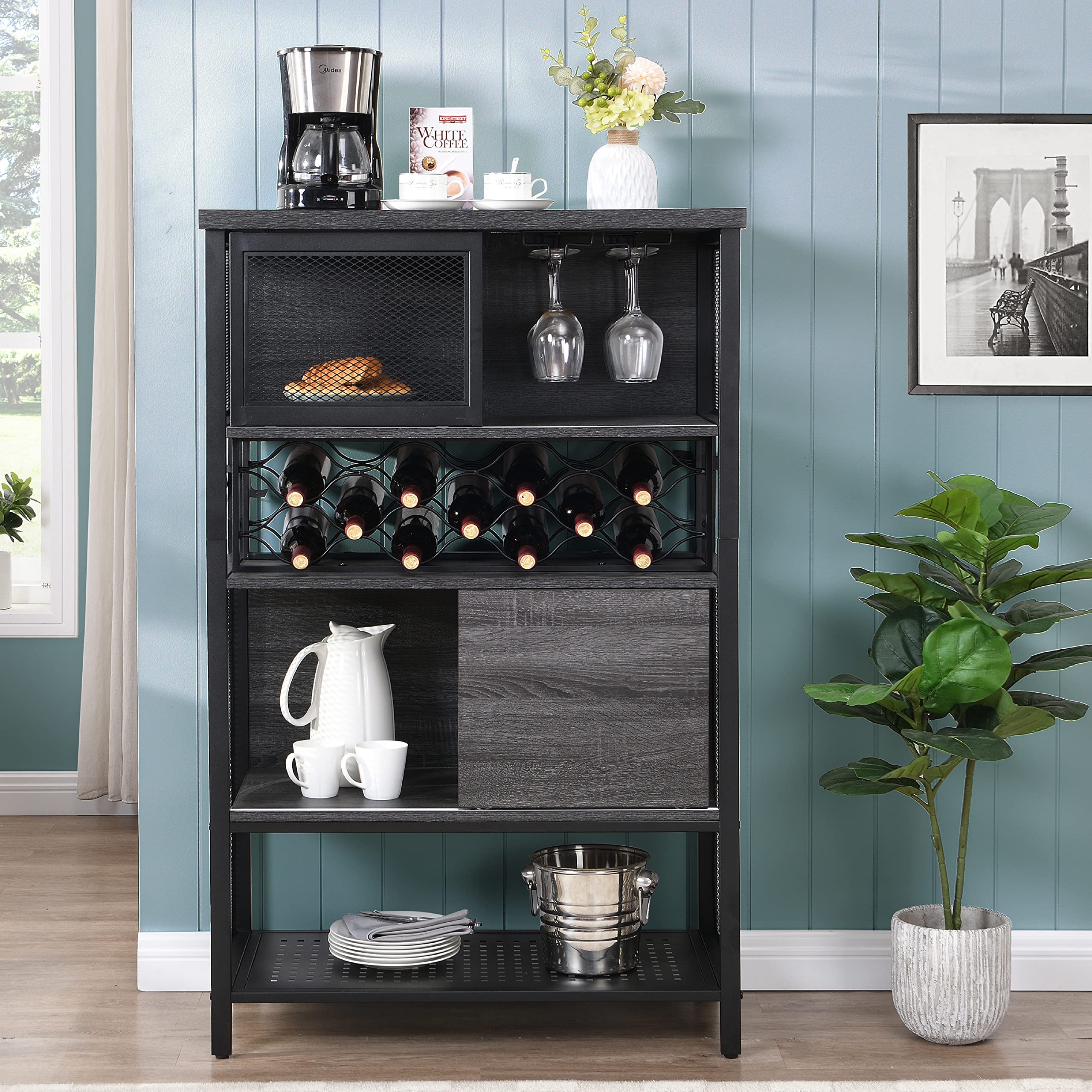 Farmhouse Style Liquor Cabinet with Wine Rack & Sliding Barn Door - Rustic Coffee Bar Cabinet, Buffet Sideboard with Storage Shelves for Kitchen, Dining Room - Perfect for Home Bar, Wine Storage & Entertaining (Black)