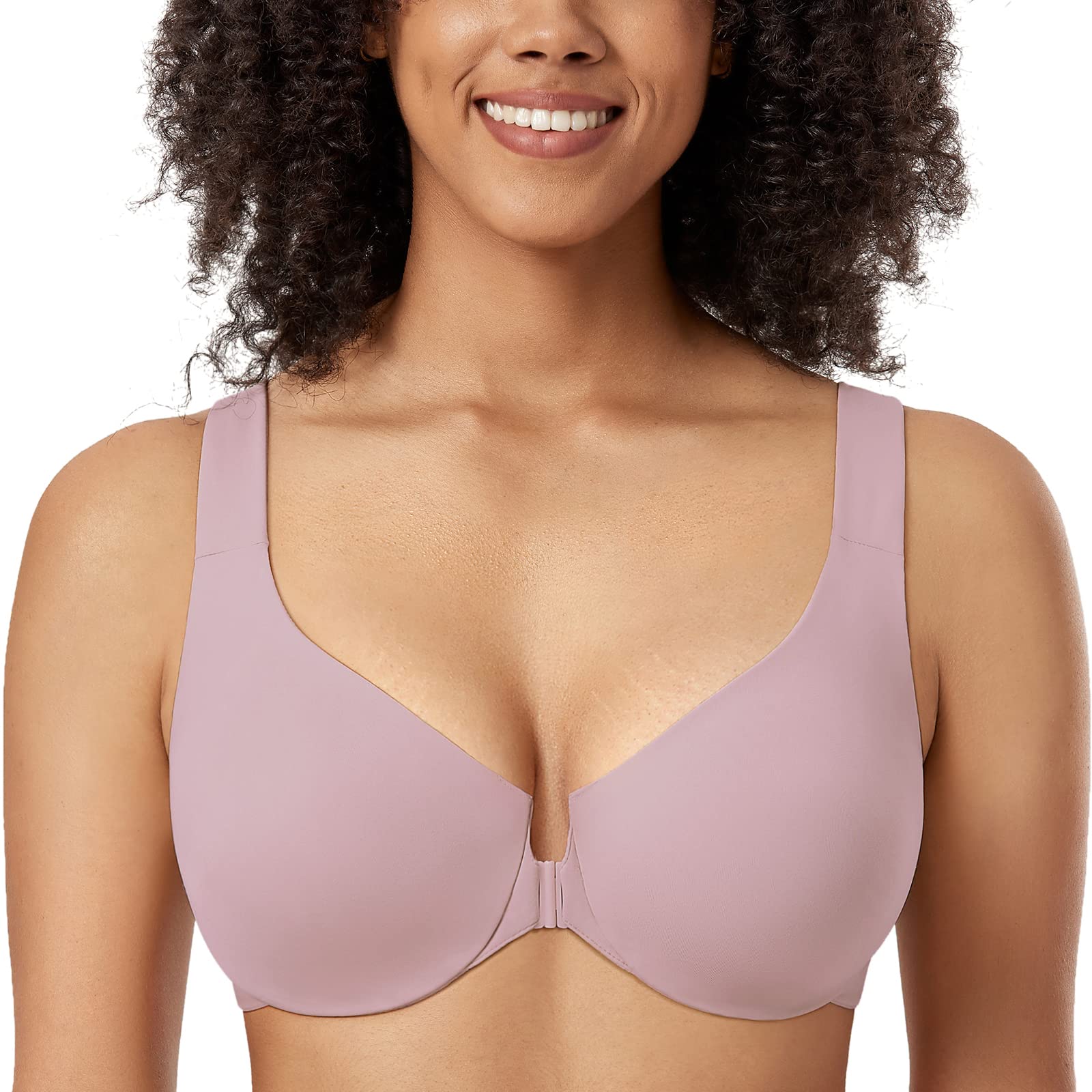 DELIMIRA Women's Front Closure Wireless Bra - Racerback Plus Size Unlined Full Coverage Plunge Bras for Comfort & Support - Perfect for Everyday Wear, Yoga, and Low-Impact Activities