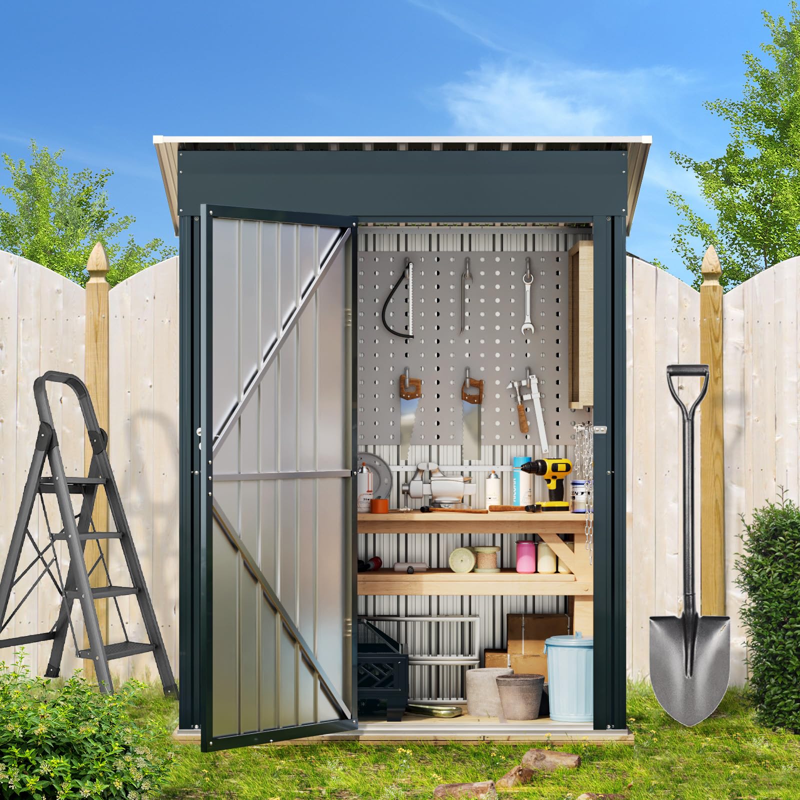 5x3FT Vertical Outdoor Steel Storage Shed with Floor Frame | Lockable Metal Tool Shed for Garden, Backyard, Patio | Weather-Resistant Utility Shed for Bike, Lawn Equipment & Outdoor Gear Storage | Perfect for Small Spaces & Urban Homes