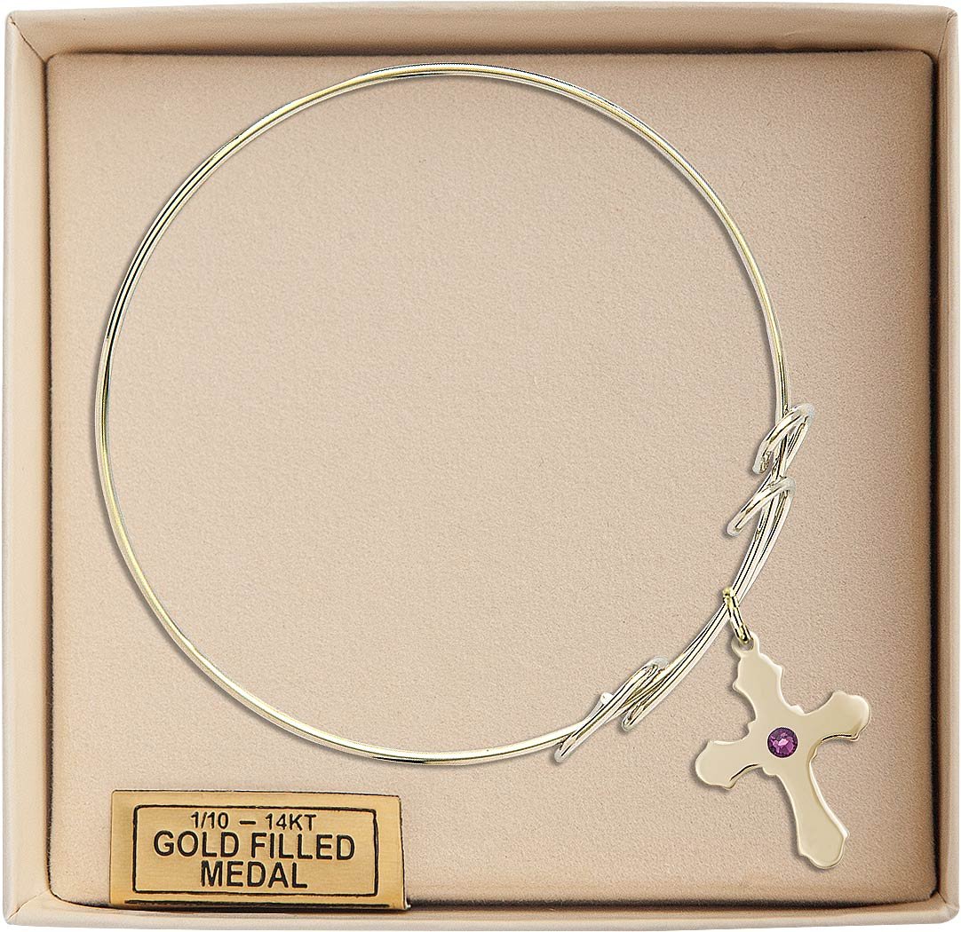 8 Inch Round Double Loop Bangle Bracelet with Cross Charm & February Birthstone Purple Crystal - Elegant Jewelry for Women, Perfect for Gifts, Parties, and Everyday Wear