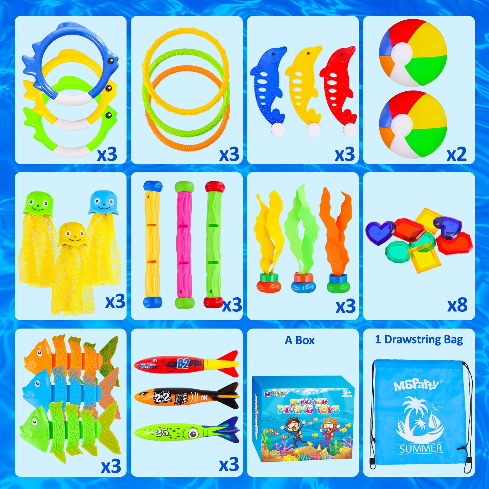 **MGparty 35 Pcs Diving Pool Toys Set for Kids - Fun Summer Water Pool Games & Swimming Toys with Storage Bag - Perfect for Boys, Girls & Toddlers Ages 3-12 - Great for Pool Parties, Beach Trips & Backyard Fun**