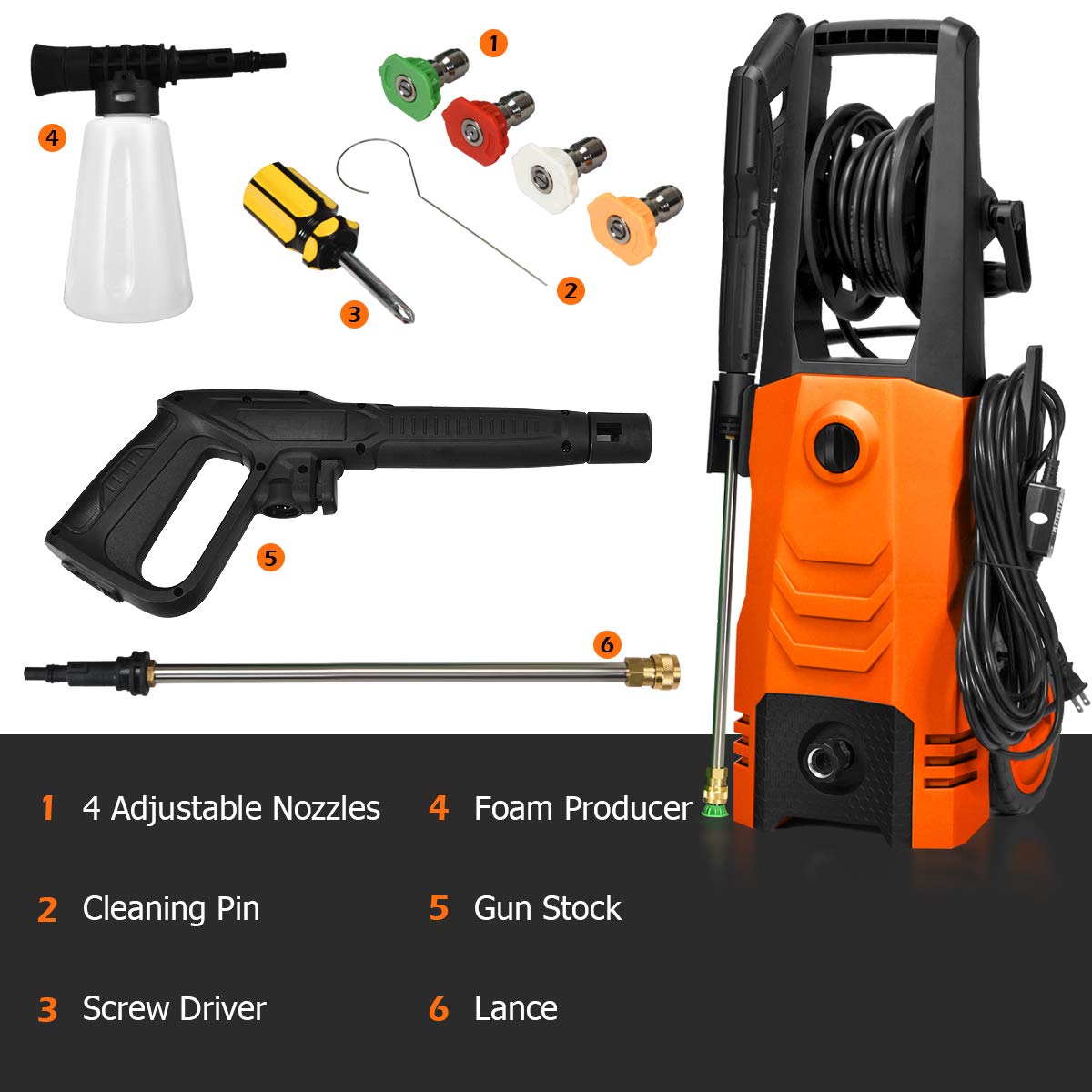 Goplus 3500PSI 2.6GPM Electric Pressure Washer - 1800W High Power Portable Pressure Cleaner with 4 Nozzles for Car, Fence, Patio, Driveway, Deck & Garden Cleaning (Orange) - Perfect for Home, RV and Outdoor Surface Deep Cleaning