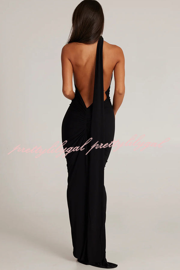 Sexy Backless Pleated Slim Solid Color Sleeveless Elegant Maxi Dress for Women - Perfect for Evening Parties, Weddings & Summer Vacations