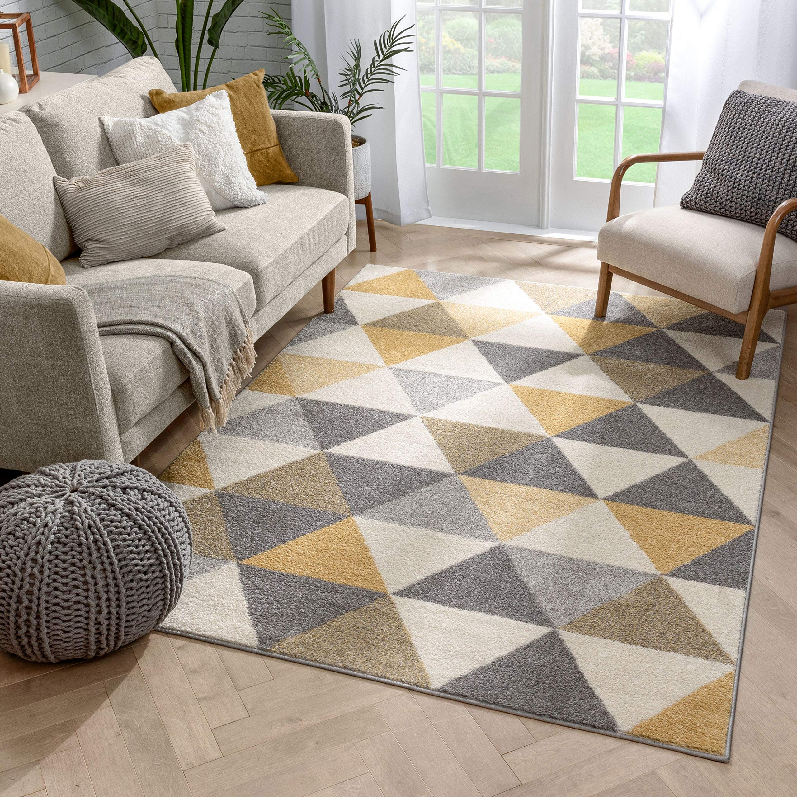 Well Woven Isometry Geometric Gold & Grey Triangle Area Rug 6'7