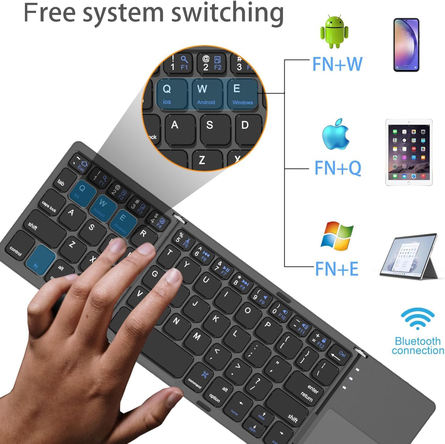 Foldable Mini Bluetooth Keyboard with Touchpad - Portable Pocket-Sized Wireless Keyboard for Android, Windows, PC, Tablet - Rechargeable Li-ion Battery - Dark Gray - Perfect for Travel, Office & Home Use