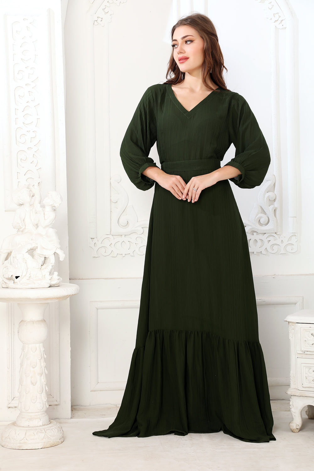 Elegant Dark Green Party Dress with Bottom Frills - Perfect for Evening Events, Cocktail Parties & Special Occasions
