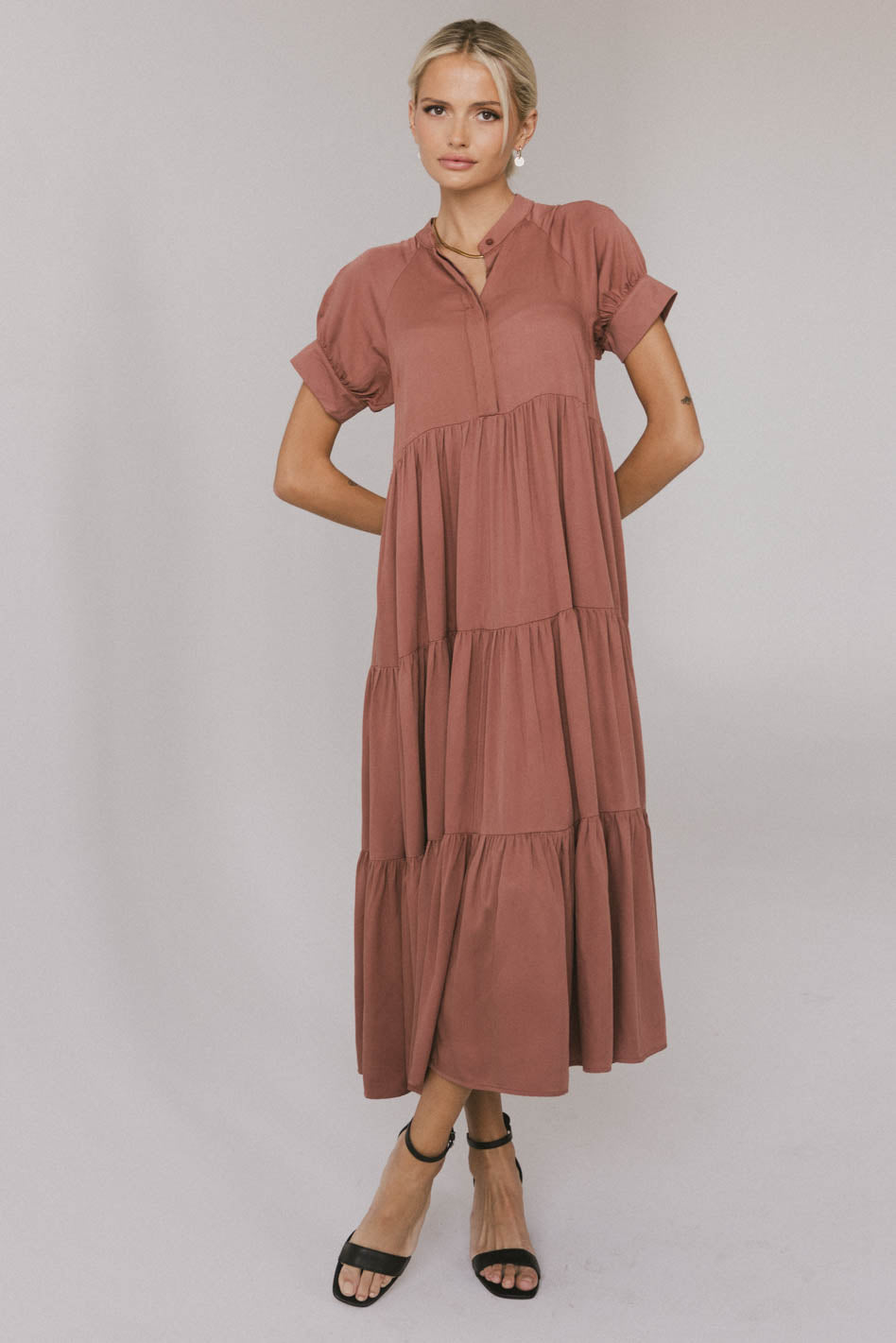 Amanda Elegant Tiered Maxi Dress in Raisin - Perfect for Weddings, Parties & Special Occasions