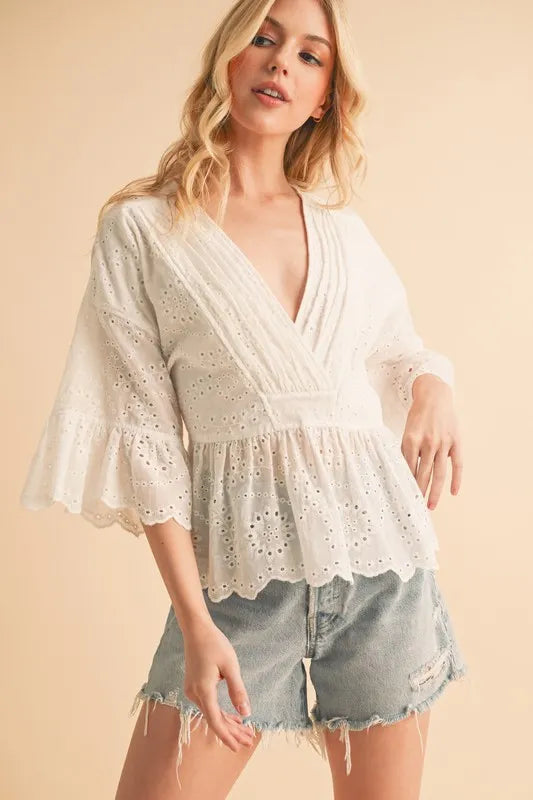 Flounce Sleeve Eyelet Peplum Top for Women - Elegant Summer Blouse with Ruffled Hem & Lace Details | Perfect for Casual Outings, Date Nights & Office Wear
