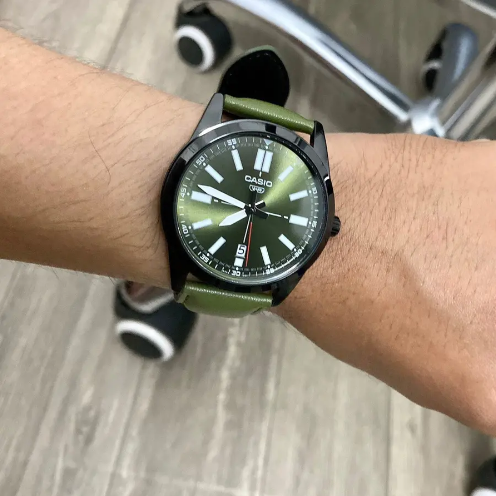 CASIO MTP-VD02BL Analog Men's Watch with Green Leather Strap - Stylish & Durable for Business, Casual & Everyday Wear