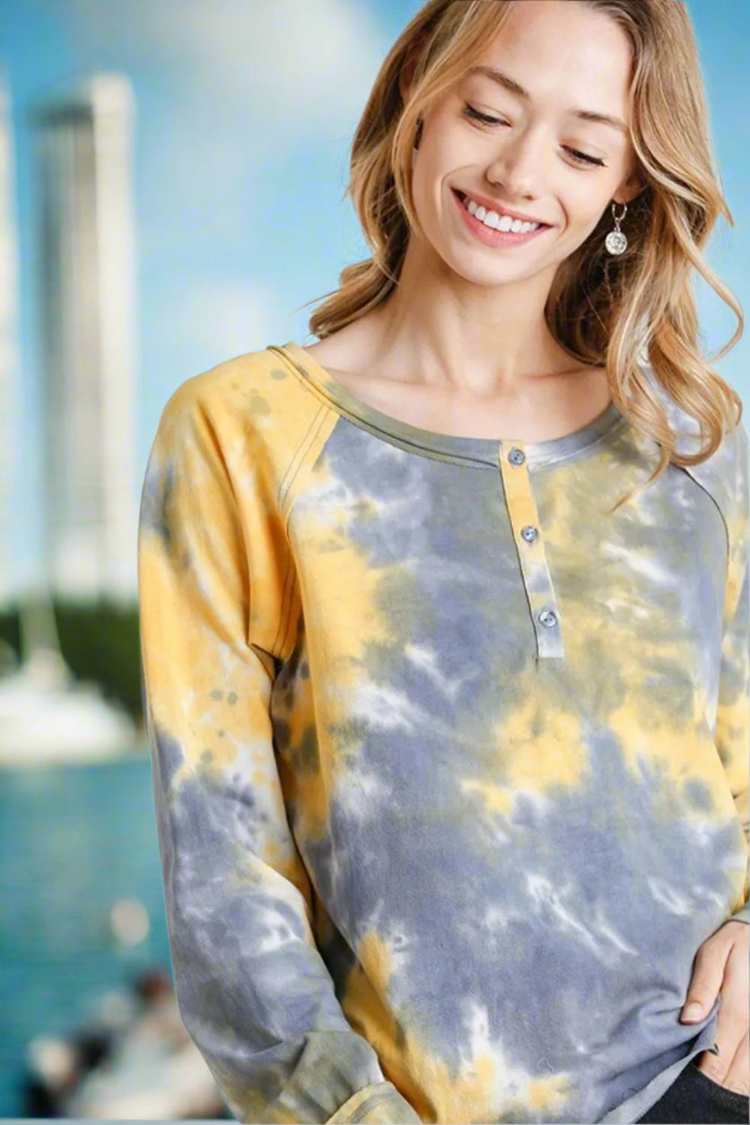 Tie Dye Button Front Long Sleeve Raglan Top for Women - Boho Chic Loose Fit Blouse for Casual Wear, Music Festivals & Beach Outfits