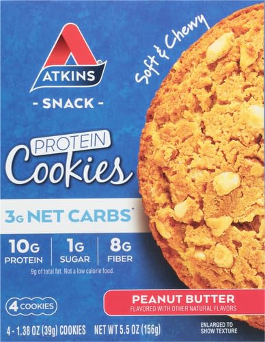 Atkins Peanut Butter Protein Cookies - Low Carb Keto Friendly Snack, High Protein Dessert with 3g Net Carbs & 1g Sugar, Gluten Free Fiber Rich Treat (4 Pack) - Perfect for On-the-Go Energy, Post-Workout Recovery & Healthy Weight Management