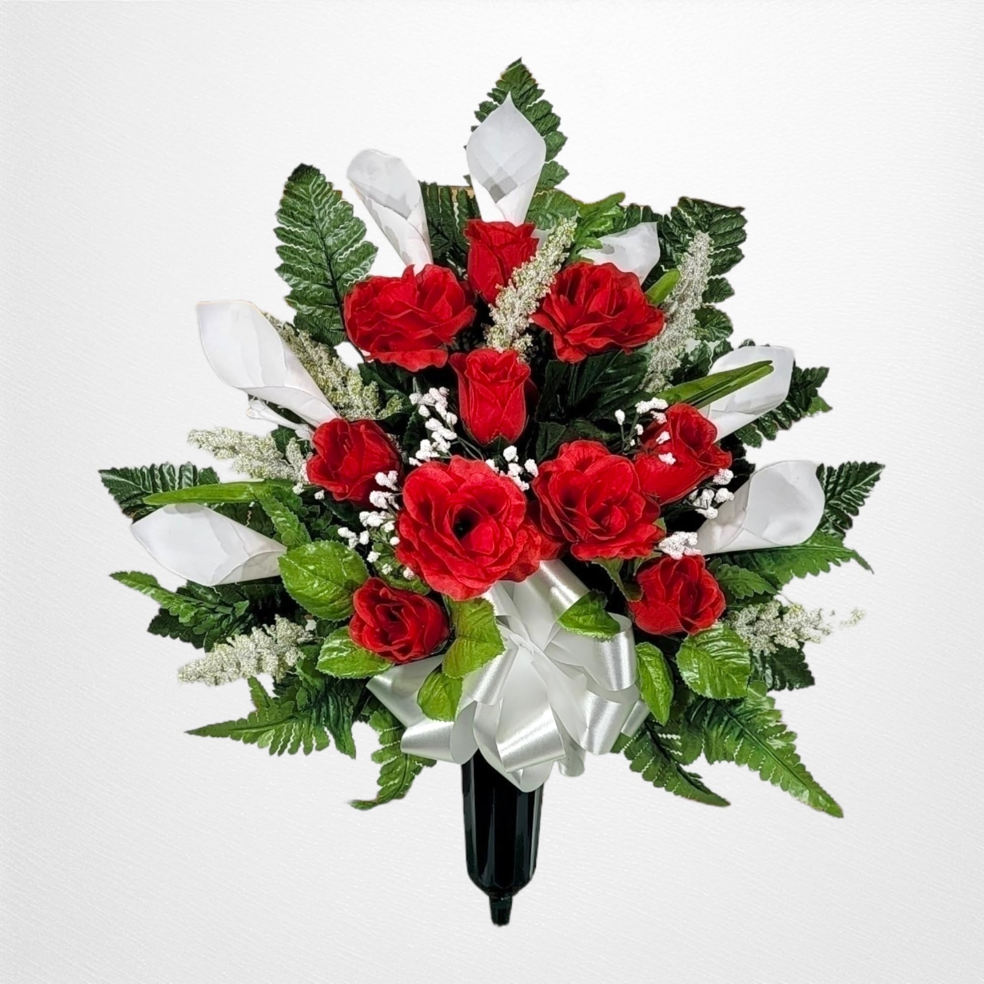 Realistic Artificial Cemetery Flowers - Silk Faux Red Roses & White Calla Lilies Bouquet for Graves - Durable Headstone Decor - Memorial Floral Arrangement for Funeral, Gravesite & Tombstone Decoration