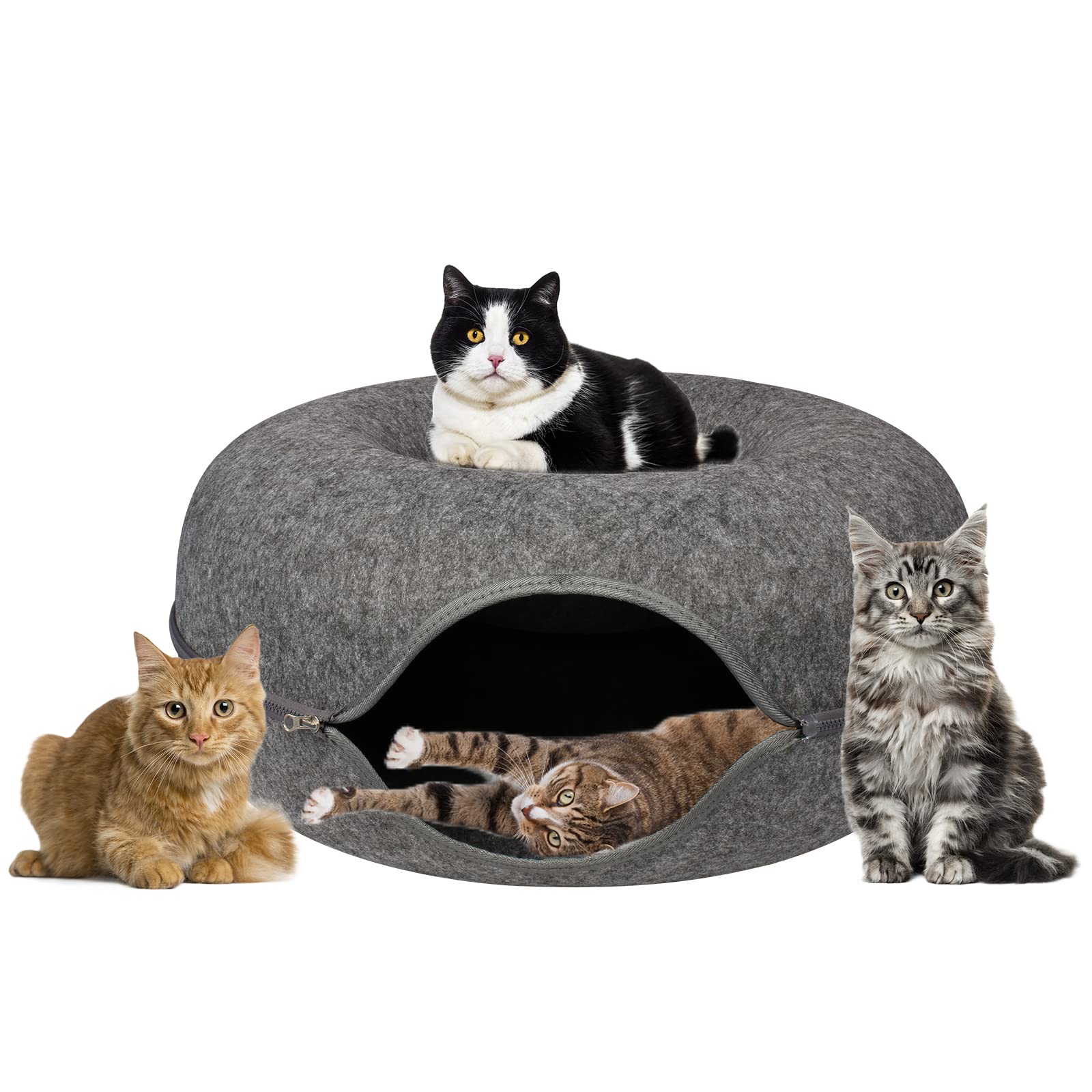 Cat Tunnel Bed for Indoor Cats - Large Peekaboo Cat Cave & Hideaway with Foldable Donut Design, Detachable Round Felt & Washable Interior (20x20x9 inches, Medium, Dark Gray) - Perfect for Playtime, Napping & Stress Relief