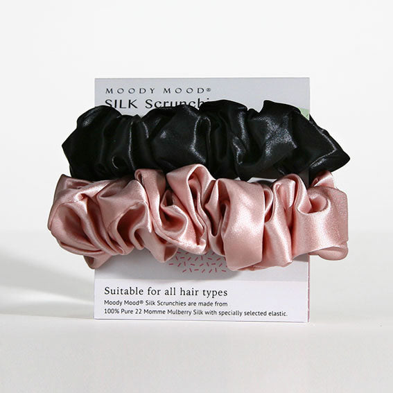 Luxury Mulberry Silk Scrunchies for Hair - Soft Black & Blush Pink Hair Ties (3-Pack) | Gentle on Hair, Perfect for Workouts, Sleep & Everyday Use