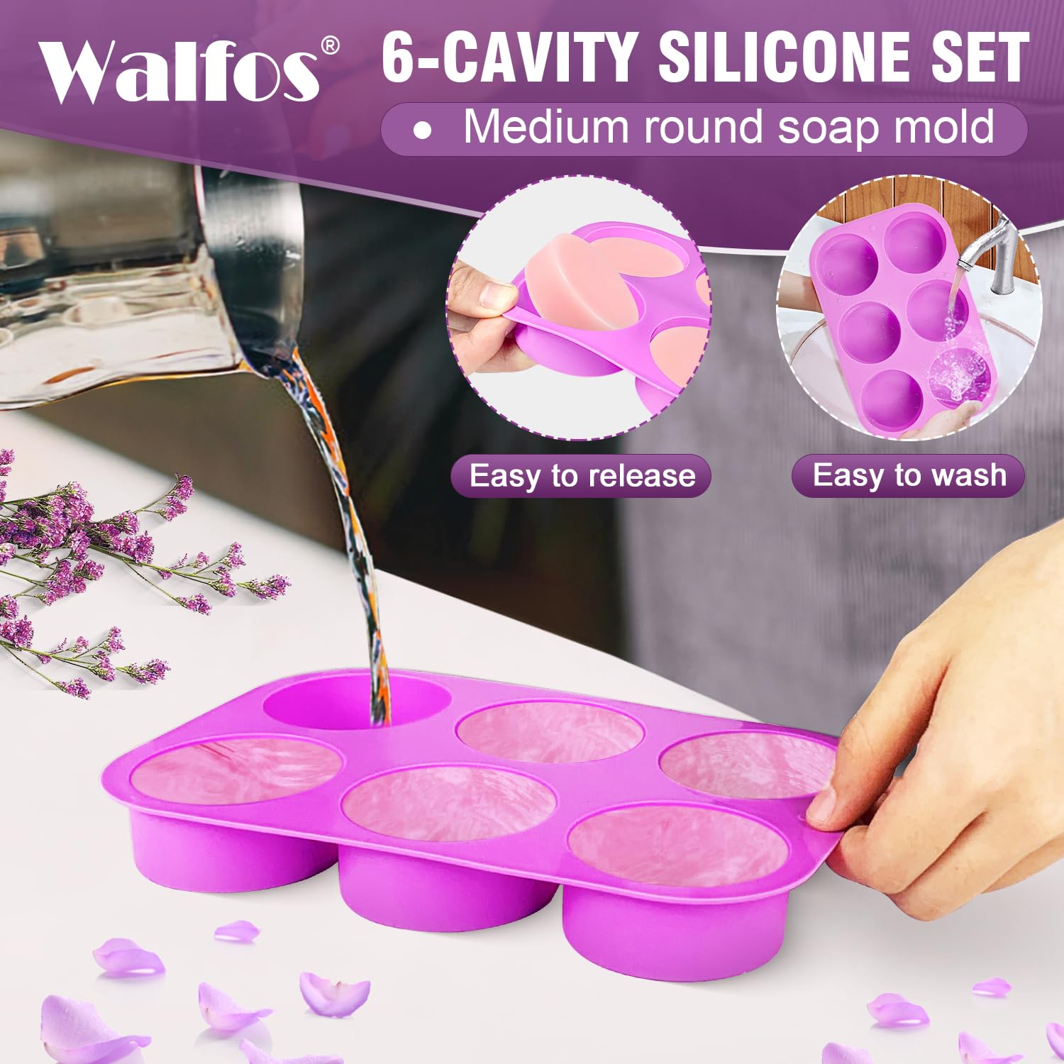 Walfos Round Silicone Soap Molds - BPA Free Non-Stick Circular Soap & Candle Molds (Set of 2, Purple) - Perfect for DIY Soap Making, Candles, Cookies, Oreos, Candy, Pudding & Jello - Great for Home Crafts, Gifts & Party Treats