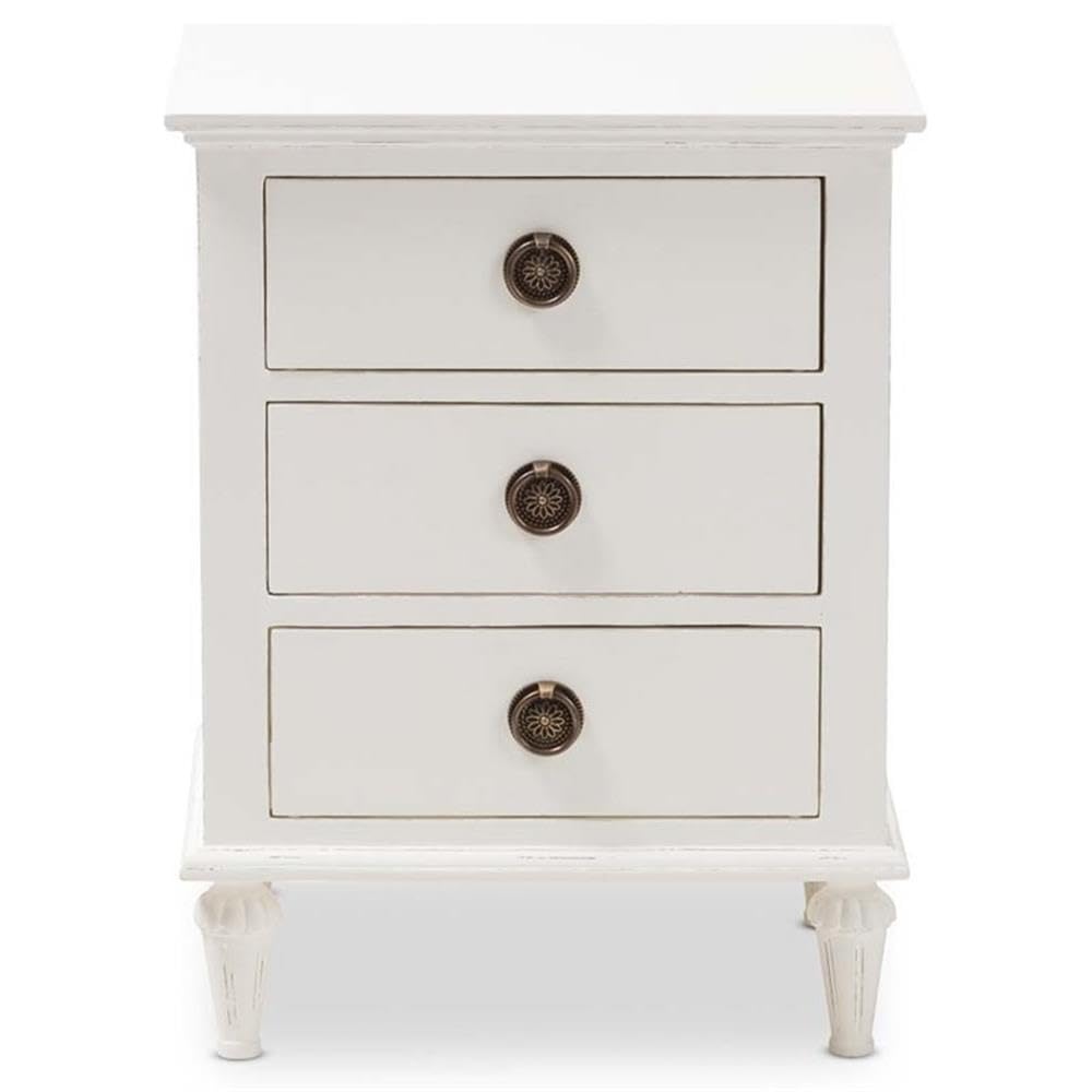 BOWERY HILL Whitewashed Hardwood 3-Drawer Nightstand - Provincial Style Bedside Table for Bedroom, Guest Room & Nursery Furniture