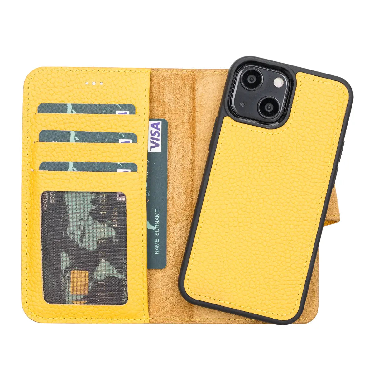 Premium Yellow Leather Wallet Case for iPhone 13 Mini - Slim Protective Cover with Card Slots | Perfect for Everyday Use, Travel & Business