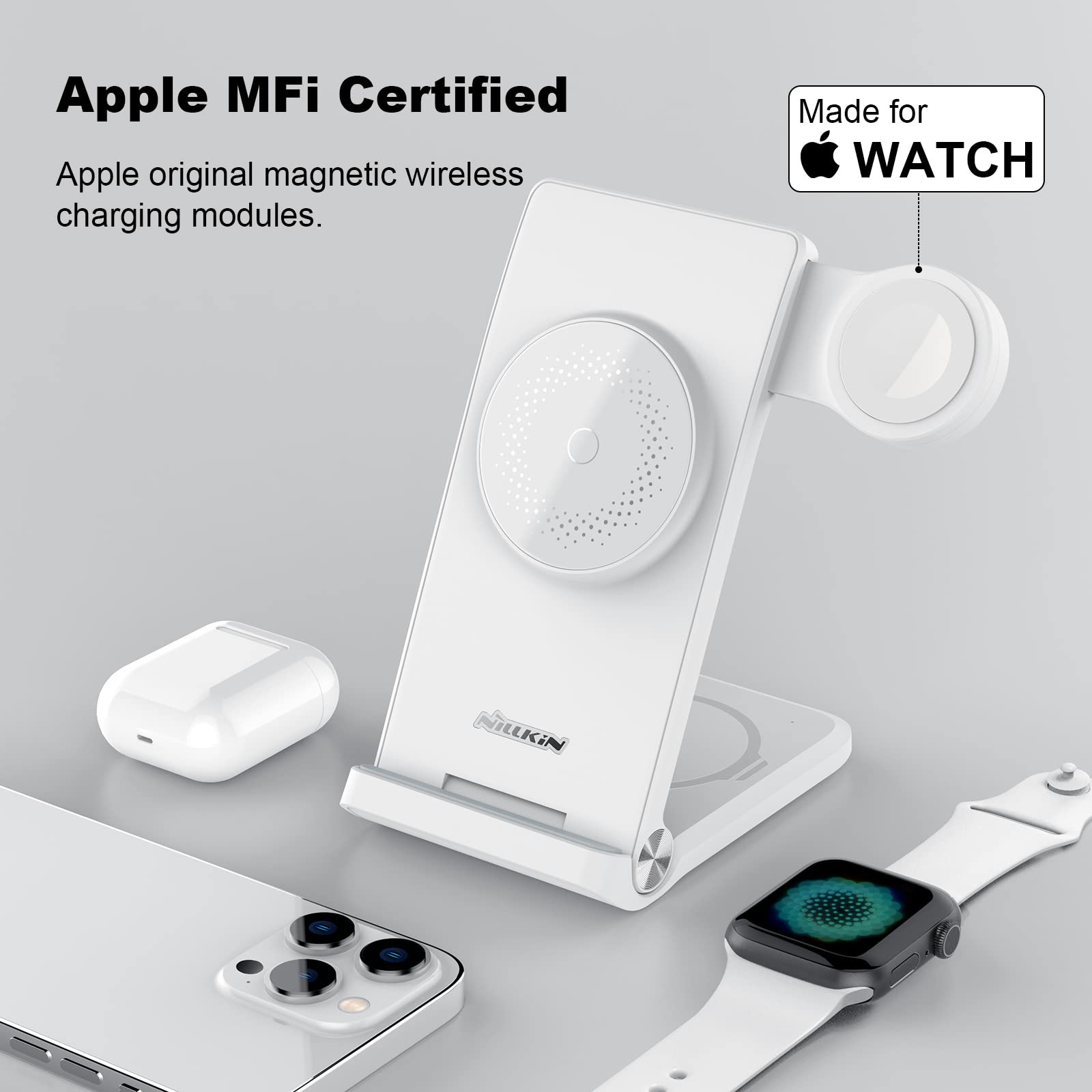 Nillkin 3-in-1 Magnetic Wireless Charging Station for iPhone 16/15/14/13/12 Pro Max, AirPods 2/3/Pro, Apple Watch Ultra/SE/8/7/6/5 - 18W Fast Foldable Charger Stand | Perfect for Bedside, Office & Travel