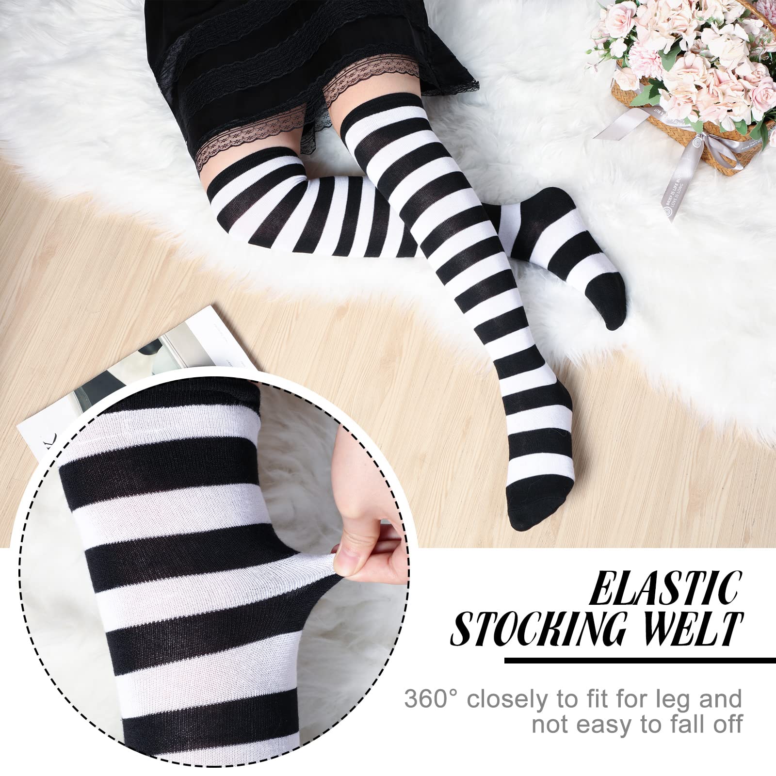 Geyoga Striped Over Knee Thigh High Socks for Women - Fashionable Halloween Party Stockings & Costume Accessories - Perfect for Cosplay, Dance Performances, and Winter Outfits