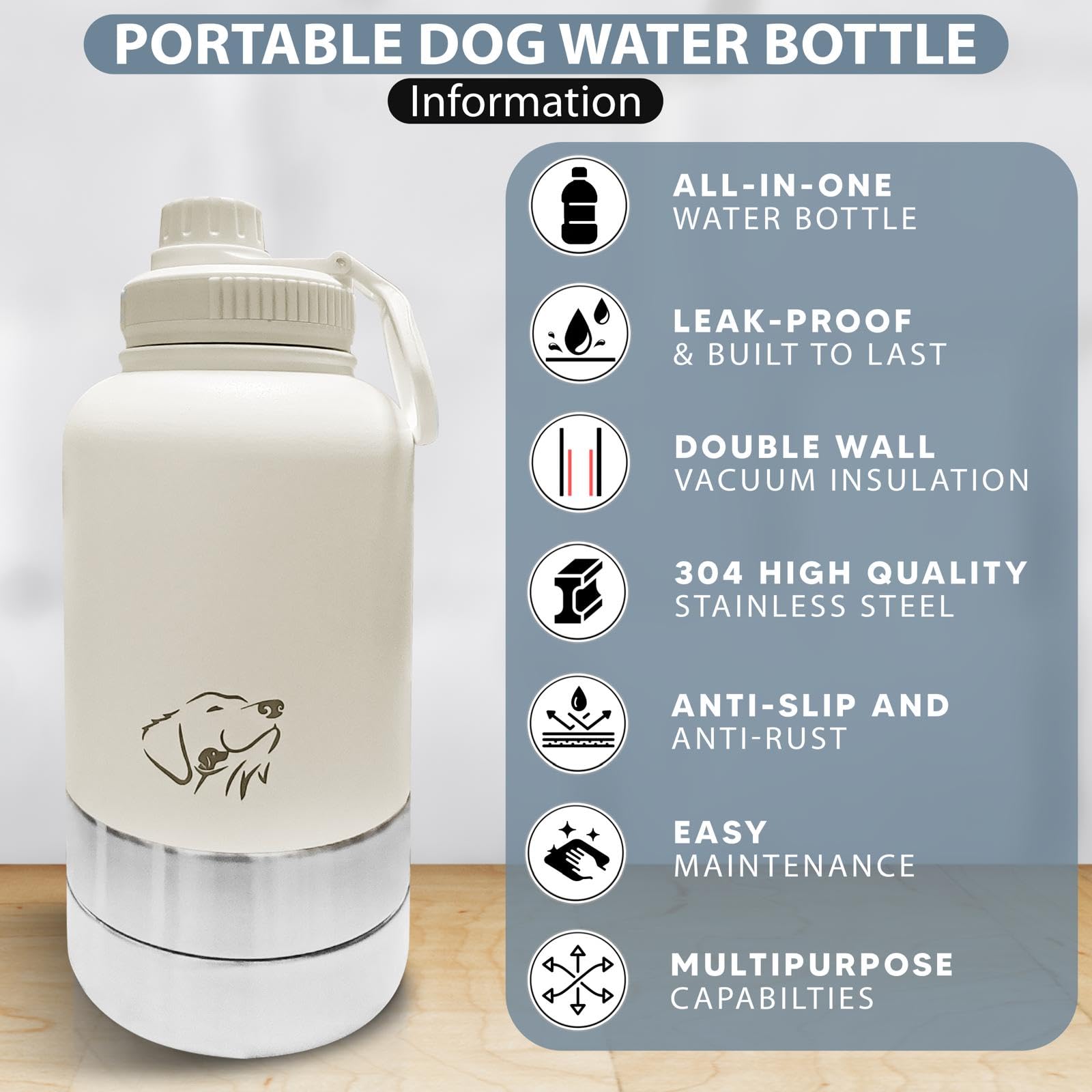 Stainless Steel Insulated Dog Water Bottle - 32oz Portable Travel Water Dispenser with 2 Bowls, Carrying Case & Strap | Leak Proof Double Wall Design for Hiking, Camping, and Outdoor Adventures with Pets