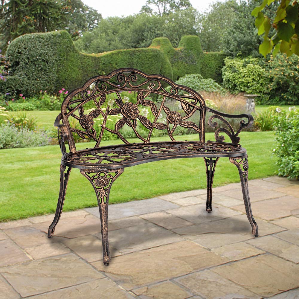 Outdoor Loveseat Bench - Rust-Resistant Aluminum Metal Garden Seating for Patio, Porch, Park, Deck & Lawn with Floral Rose Design (Bronze) - Perfect for Relaxing in Your Backyard or Outdoor Entertaining