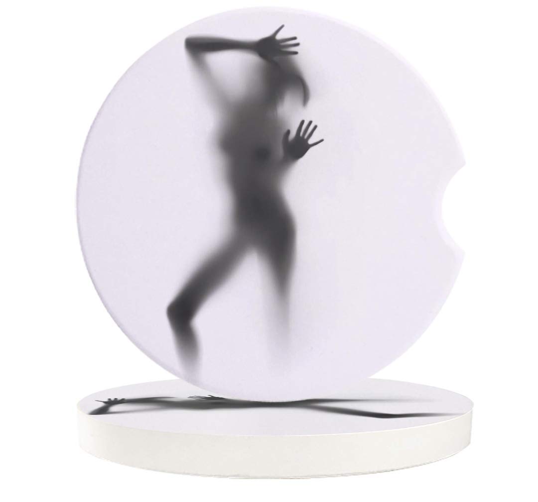 2 Pack Absorbent Ceramic Car Coasters for Women & Men - Black & White Funny Automotive Cup Holder Coasters Set - Perfect for Car, Living Room, Kitchen & Office Use - Sexy Nude Silhouette Design