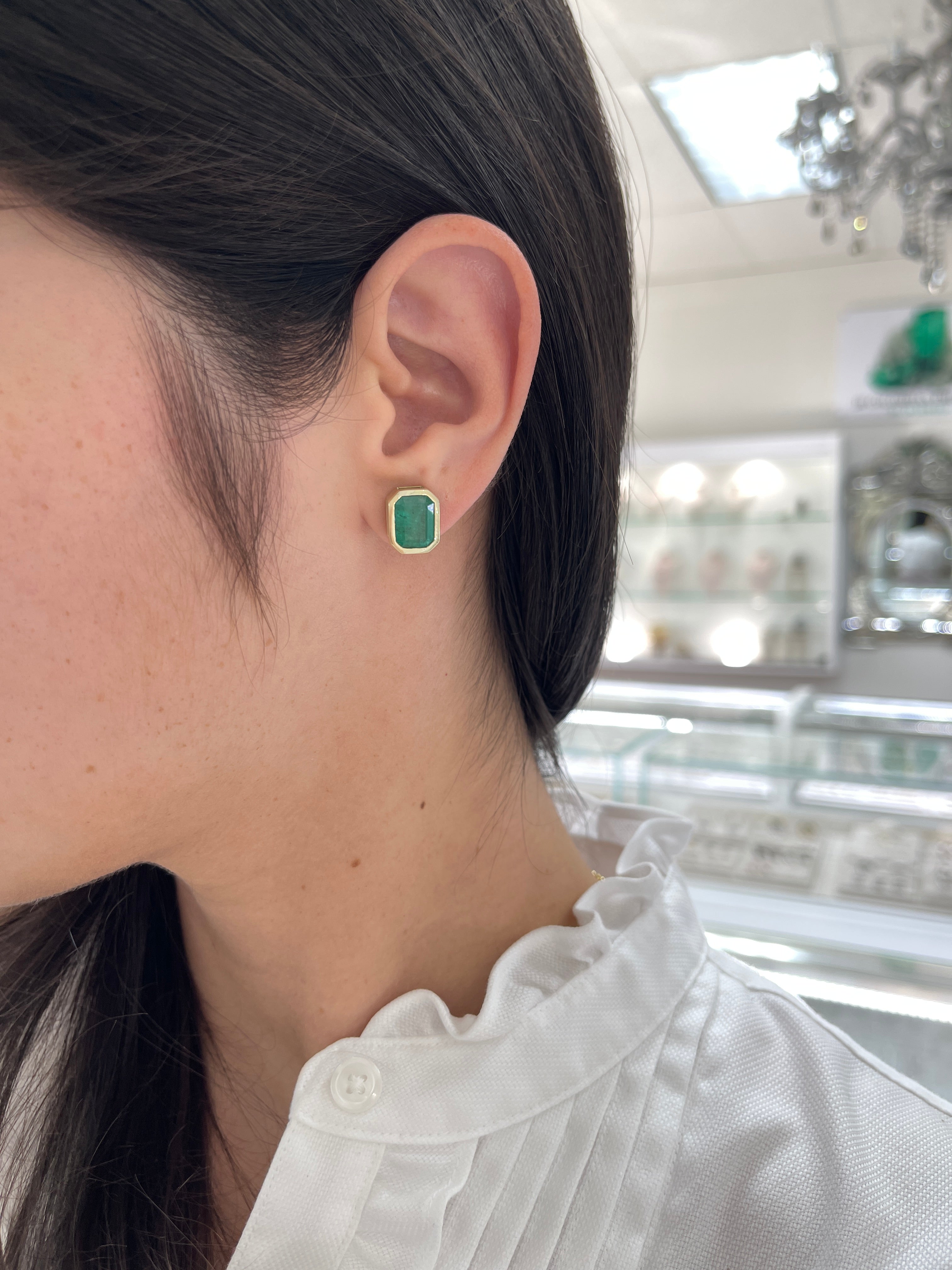 6.0tcw Natural Emerald Stud Earrings in 18K Gold Bezel Setting - Elegant Jewelry for Women, Perfect for Weddings, Parties & Daily Wear