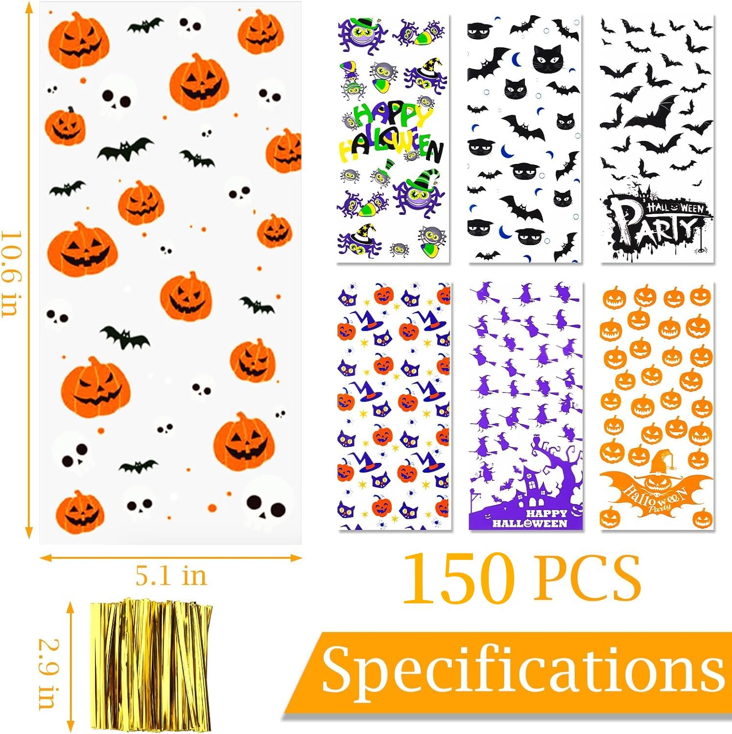 150pcs Halloween Cellophane Treat Bags with Spider & Bat Design - Includes Twist Ties for Candy, Goodie Bags - Perfect for Trick or Treat Party Favors, Halloween Candy Distribution & Classroom Treats
