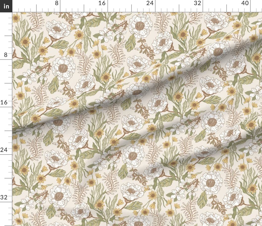 Spoonflower Bohemian Floral Fabric - Sage Green Coffee Tone Flowers, Whimsical Spring Elegant Design on Petal Signature Cotton by The Yard - Perfect for Sewing, Quilting, Apparel, Crafts & Home Decor | DIY Spring Dresses, Boho Curtains, Table Runners