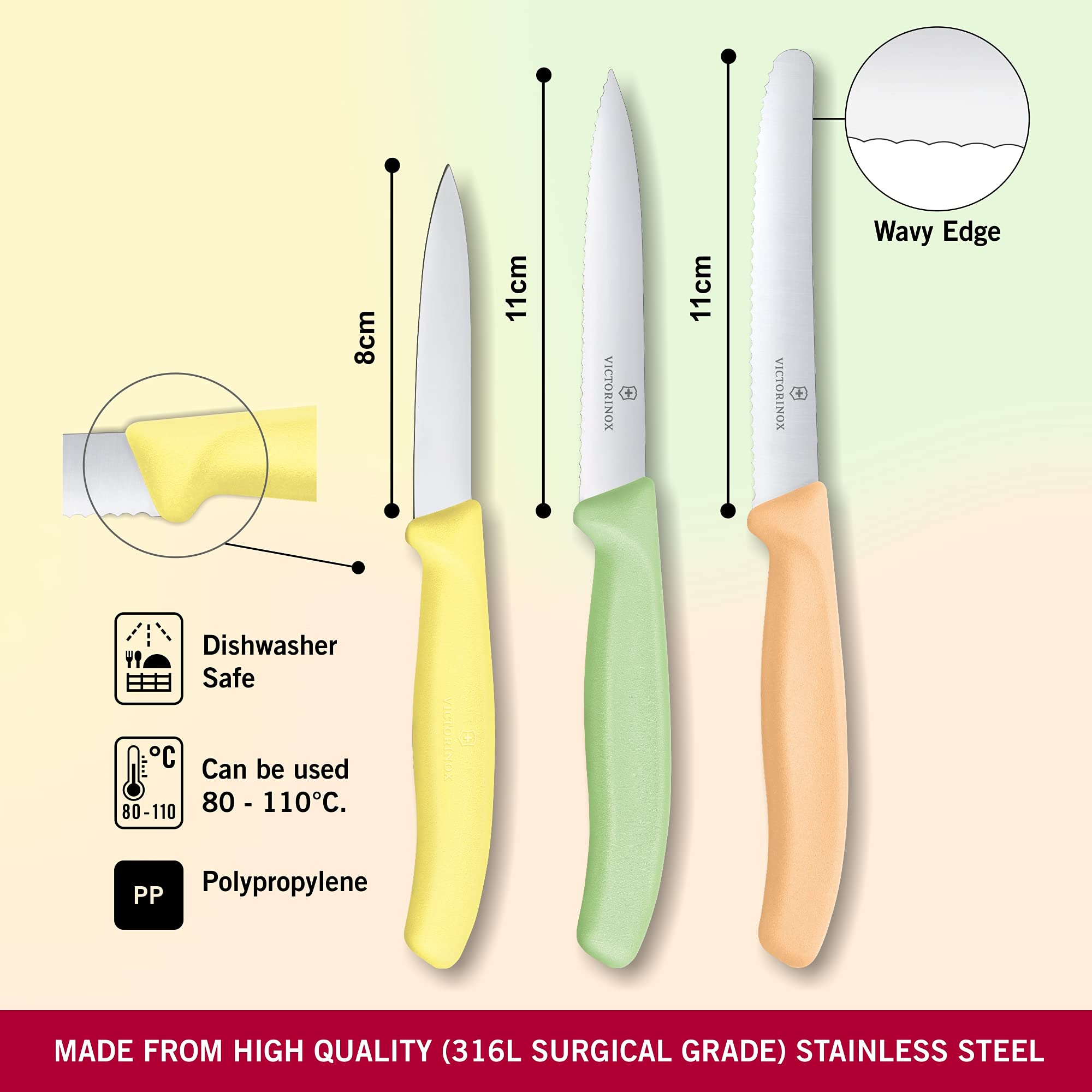 Victorinox 6.7116.34L2 3-Piece Paring Knife Set - Ultra Sharp Petty Knives for Kitchen, Dishwasher Safe Swiss Classic Knives - Perfect for Peeling, Slicing & Food Prep