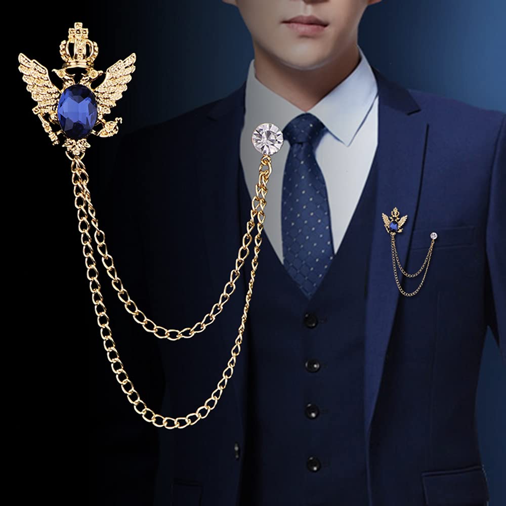 Xihuimay 2-Piece Men's Wedding Brooch Set - Elegant Rhinestone Crystal Bridegroom Lapel Pin for Suits, Tuxedos & Formal Attire - Gold, Silver & Blue Options - Perfect for Weddings, Banquets, Prom & Special Occasions