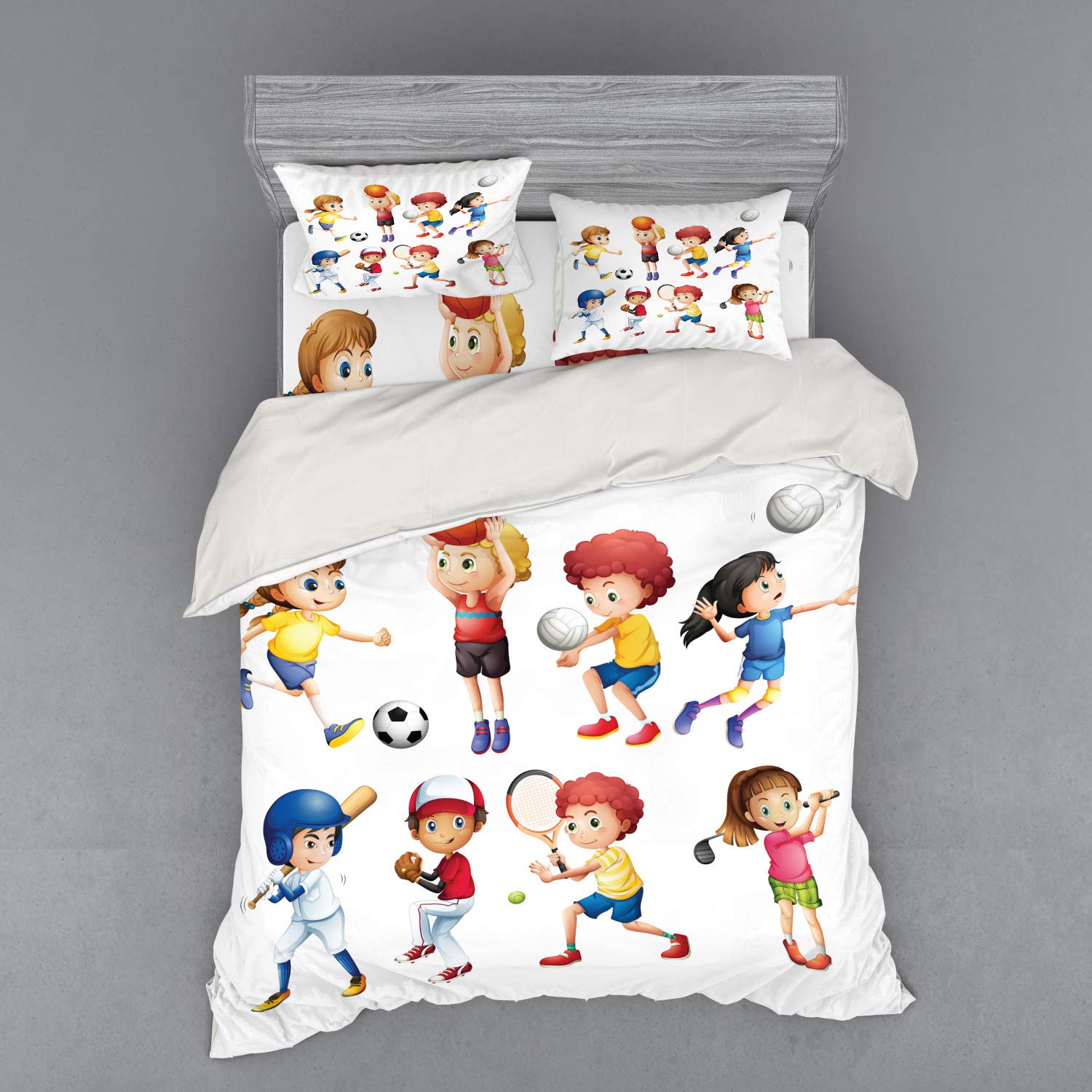 Ambesonne Sports Themed 3-Piece Duvet Cover Set - Soccer, Baseball, Basketball, Volleyball, Golf, Tennis Design - Queen Size Multicolor Bedding with Sham & Fitted Sheet - Perfect for Sports Enthusiasts' Bedrooms & Dorm Rooms