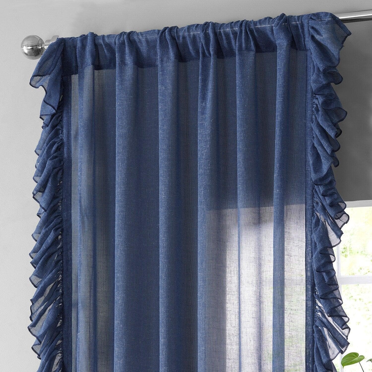 Blue Lapis Ruffled Faux Linen Sheer Curtains for Living Room & Bedroom - Light Filtering Window Drapes with Elegant Ruffle Design