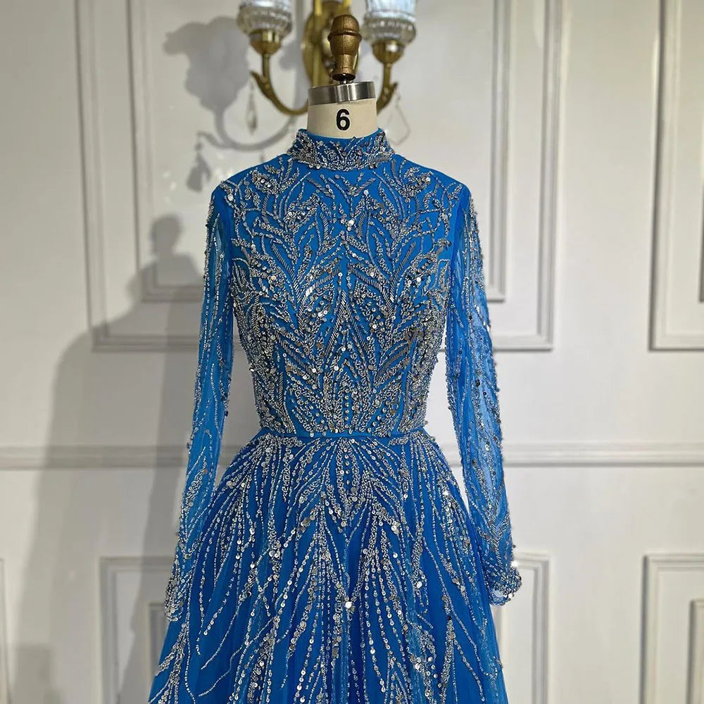 Elegant Blue Beaded A-Line Muslim Evening Dress for Women - Luxury Dubai Abaya Gown for Wedding, Party & Special Occasions | Serene Hill Collection 2025 LA72302A | Perfect for Formal Events, Evening Galas & Bridal Showers