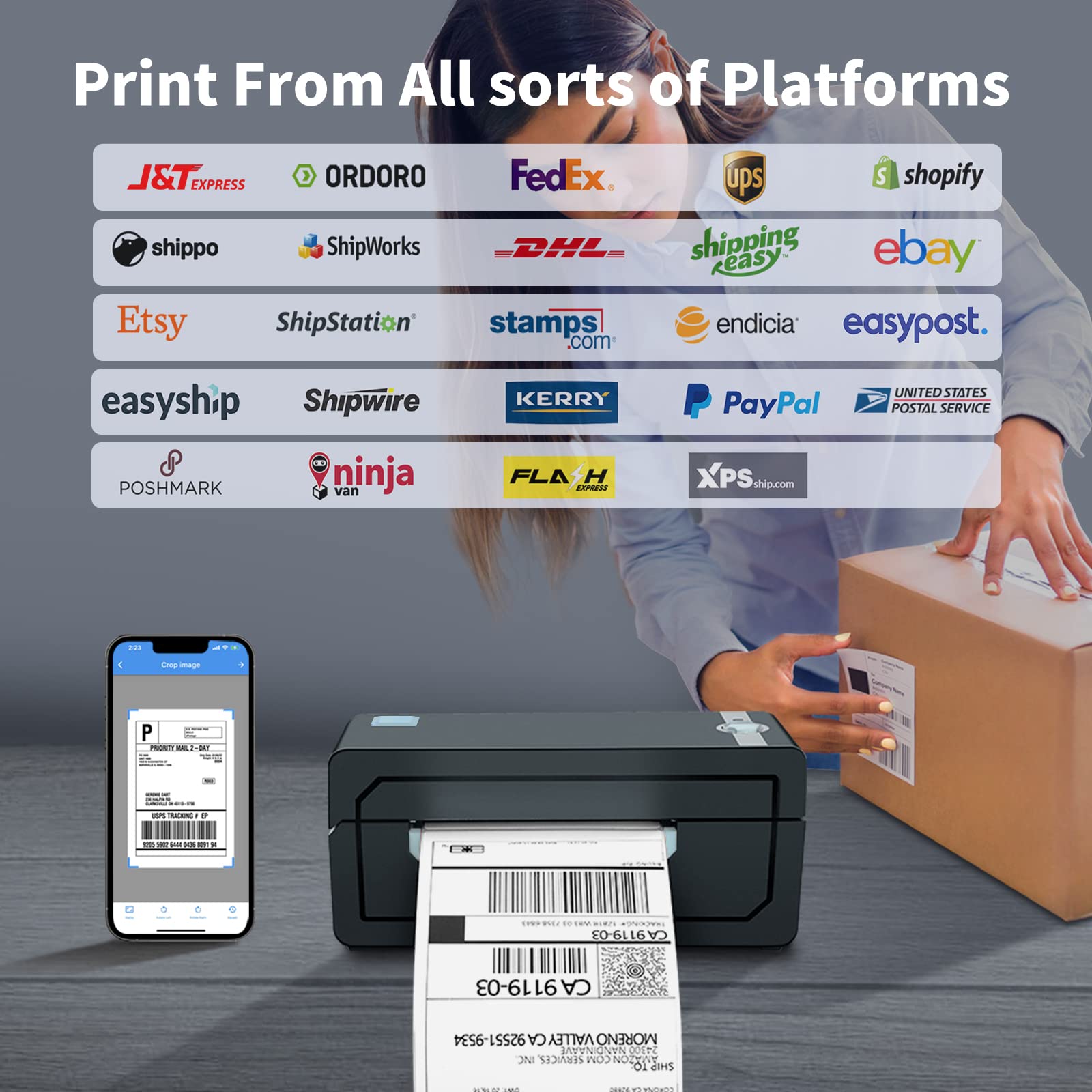 JADENS Wireless Bluetooth Label Printer for Shipping, Barcodes & Organization - Includes 1 Pack Thermal Sticker Labels (100 Sheets) - Perfect for Small Business, Home Office & E-commerce Packaging